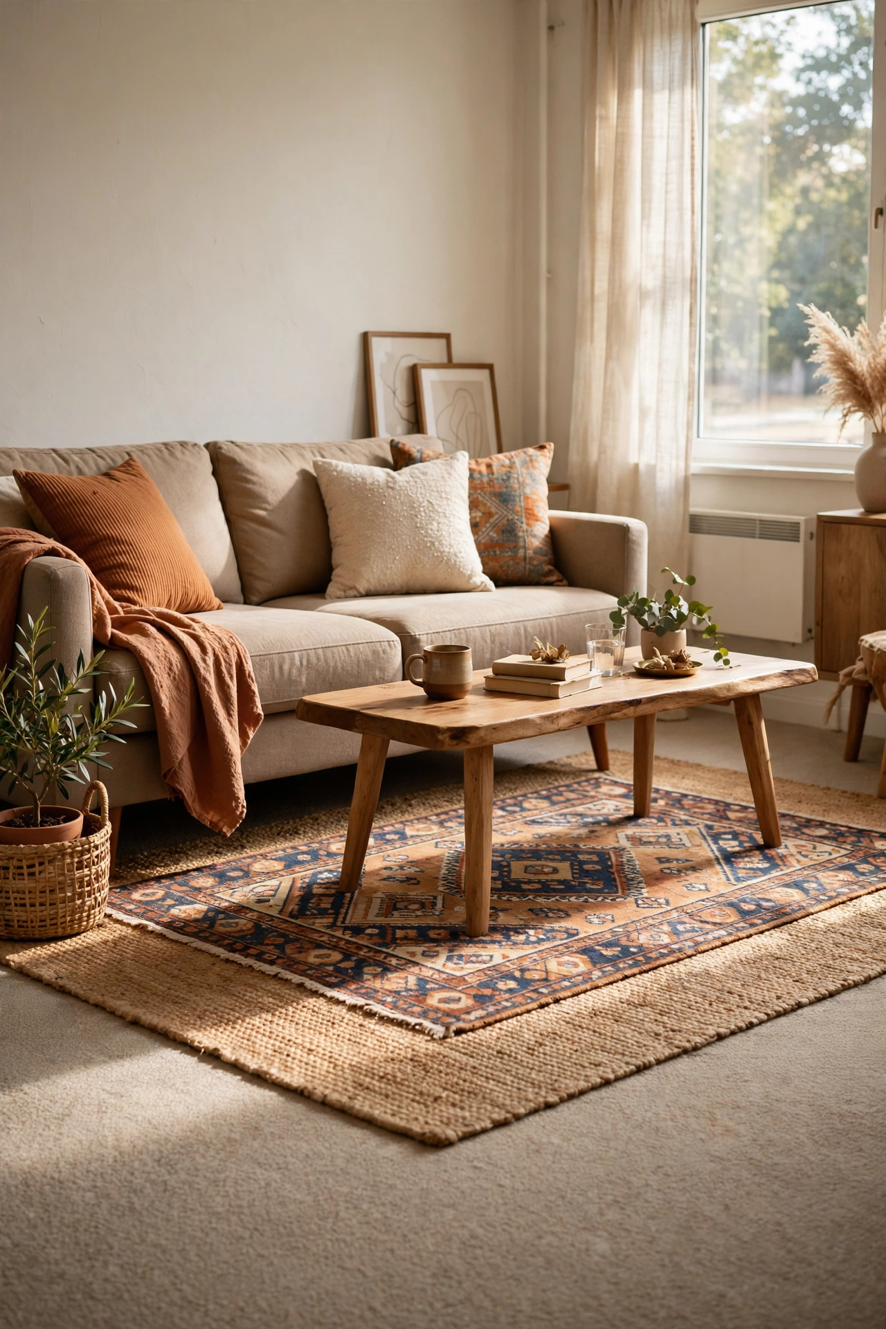Renter friendly living room with layered area rugs covering old apartment carpet