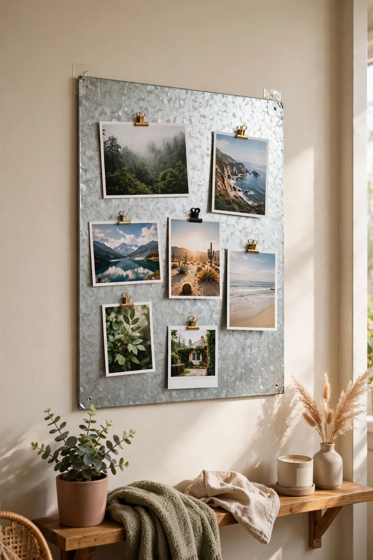 Renter friendly living room photo wall on a galvanized metal board hung with Command strips