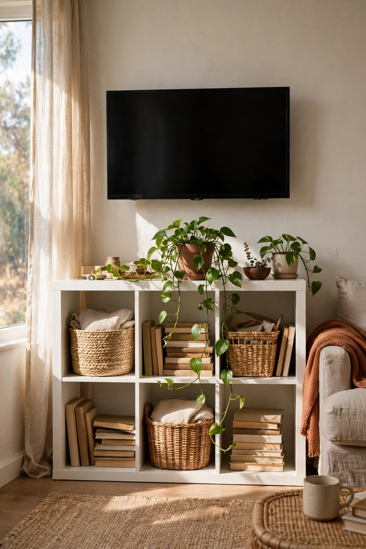 Renter friendly living room TV setup with a sideways IKEA Kallax bookcase styled with baskets