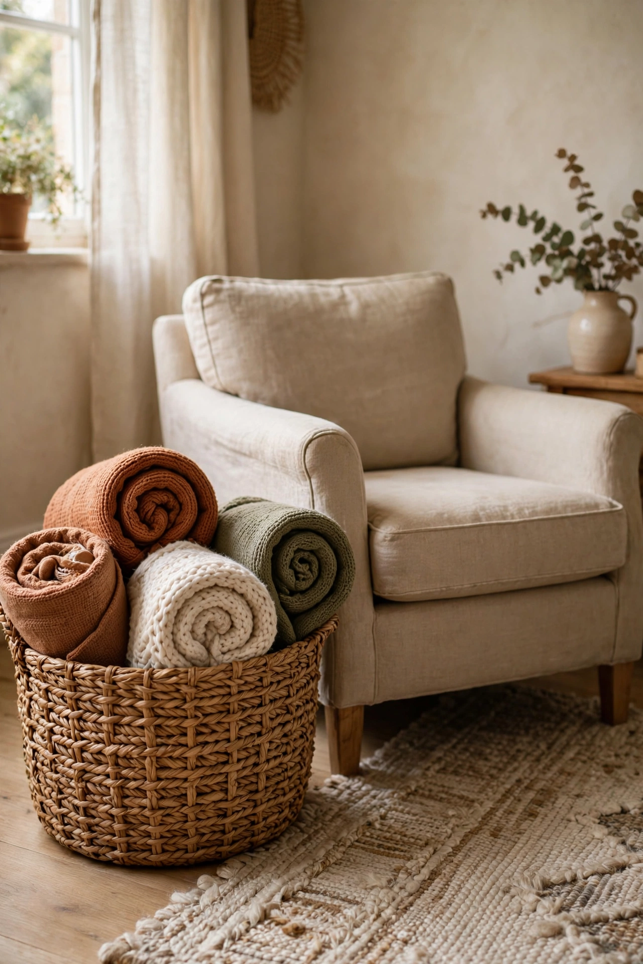 Renter friendly living room blanket storage in a large woven basket beside an armchair