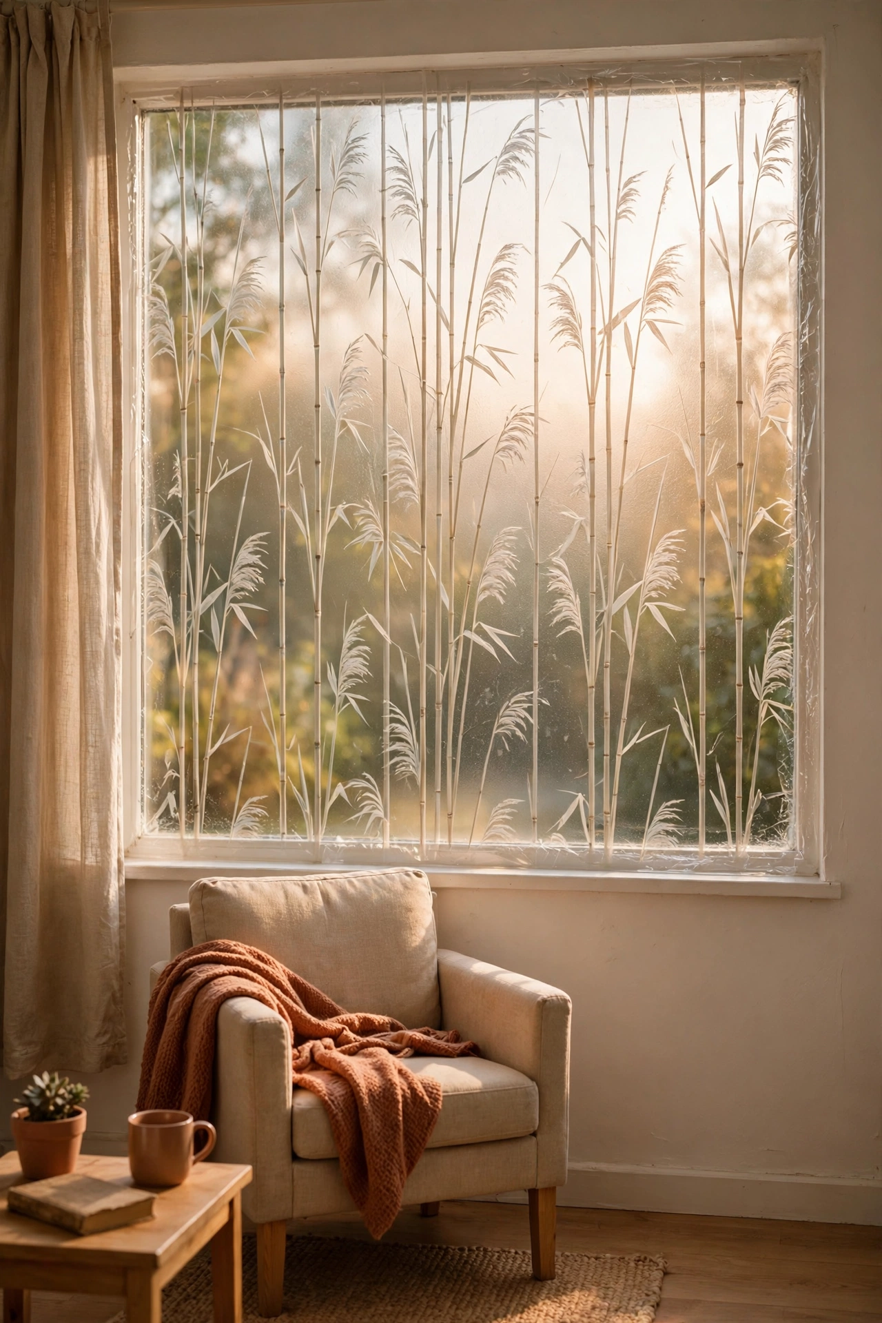 Renter friendly living room window with static cling privacy film in a reed pattern, no adhesive