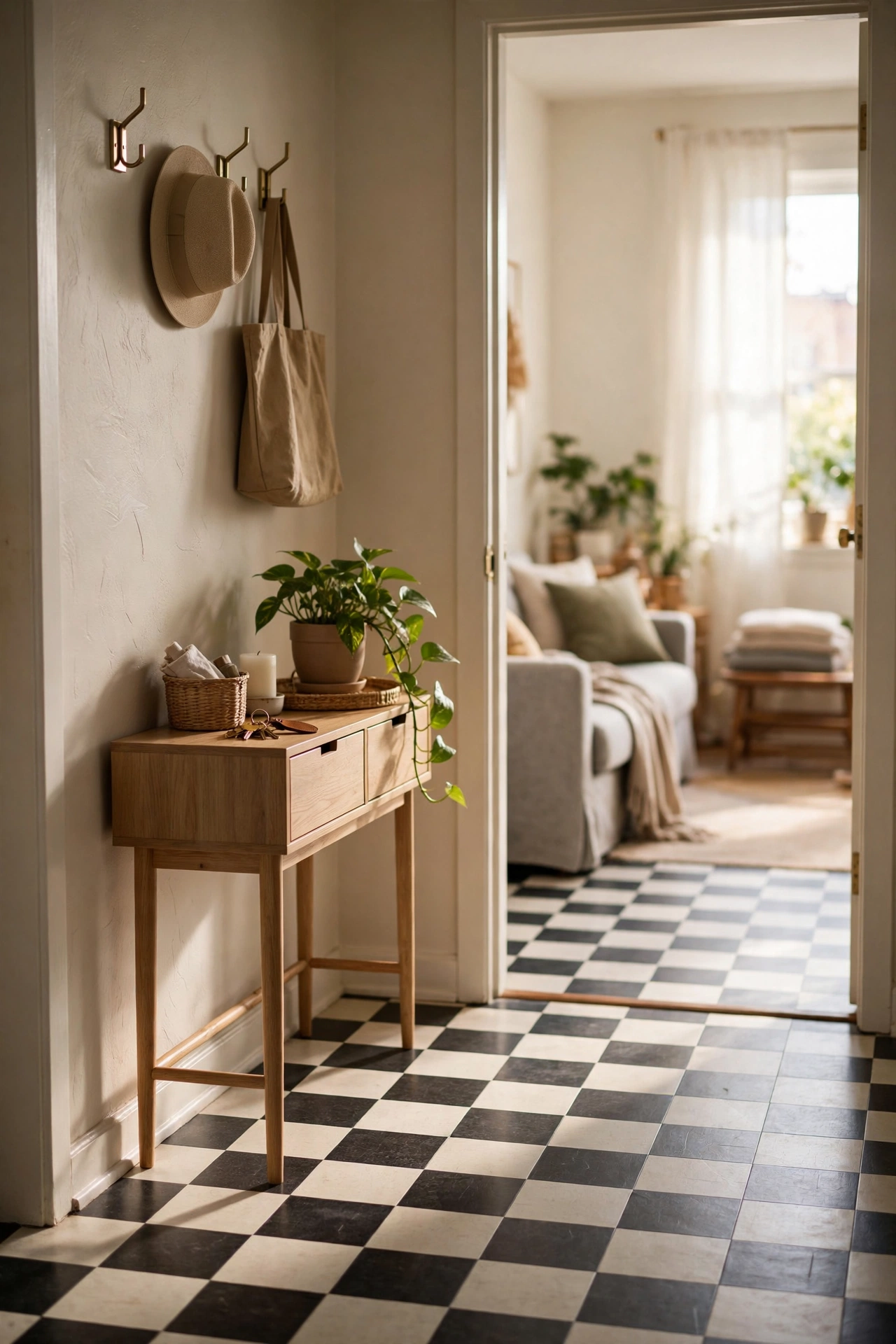 Renter friendly living room entry with peel and stick floor tiles in a checkerboard pattern