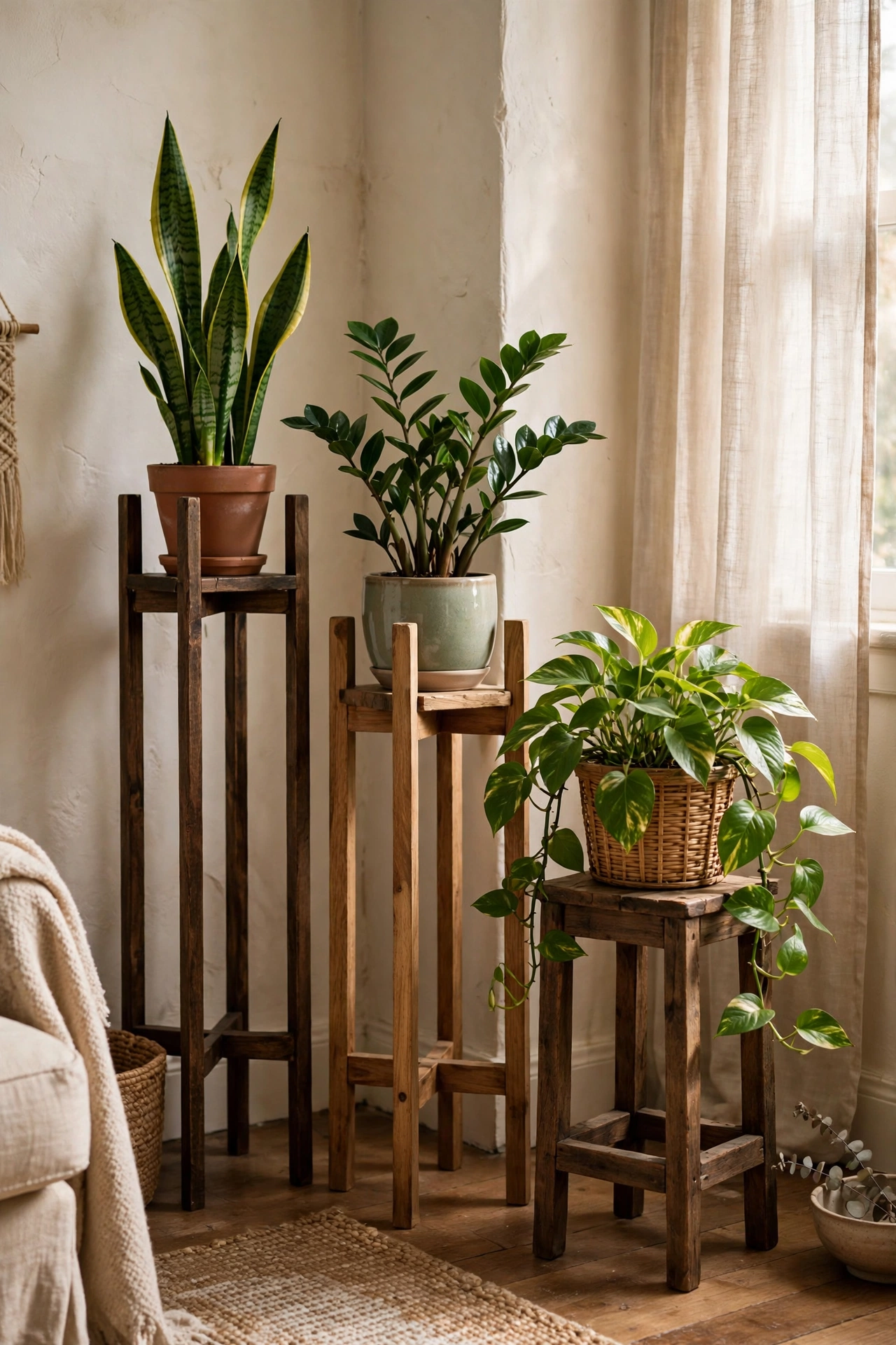 Renter friendly living room plant corner with mismatched thrifted plant stands at different heights