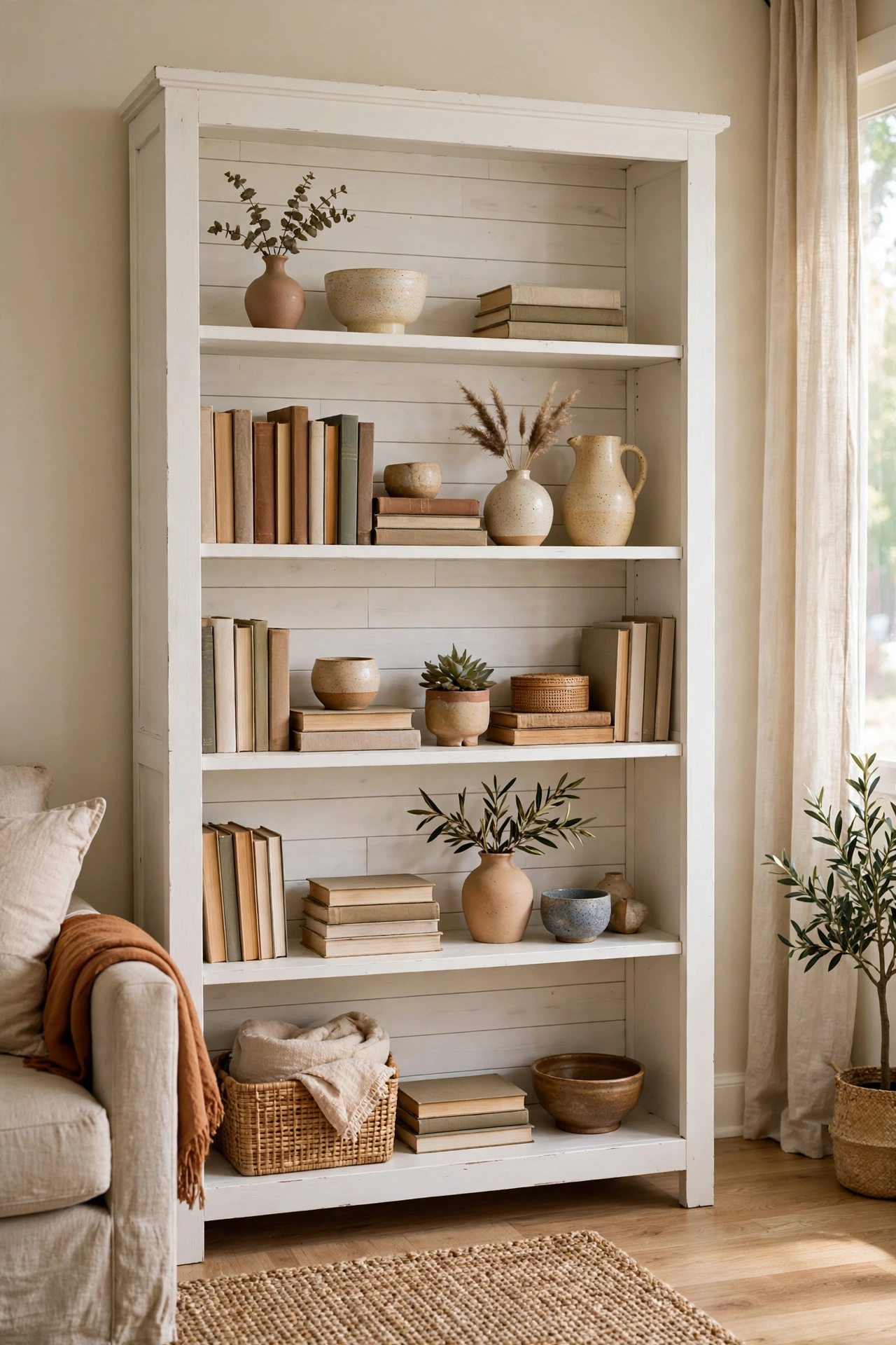 Renter friendly living room bookcase with peel and stick shiplap wallpaper on the back panels