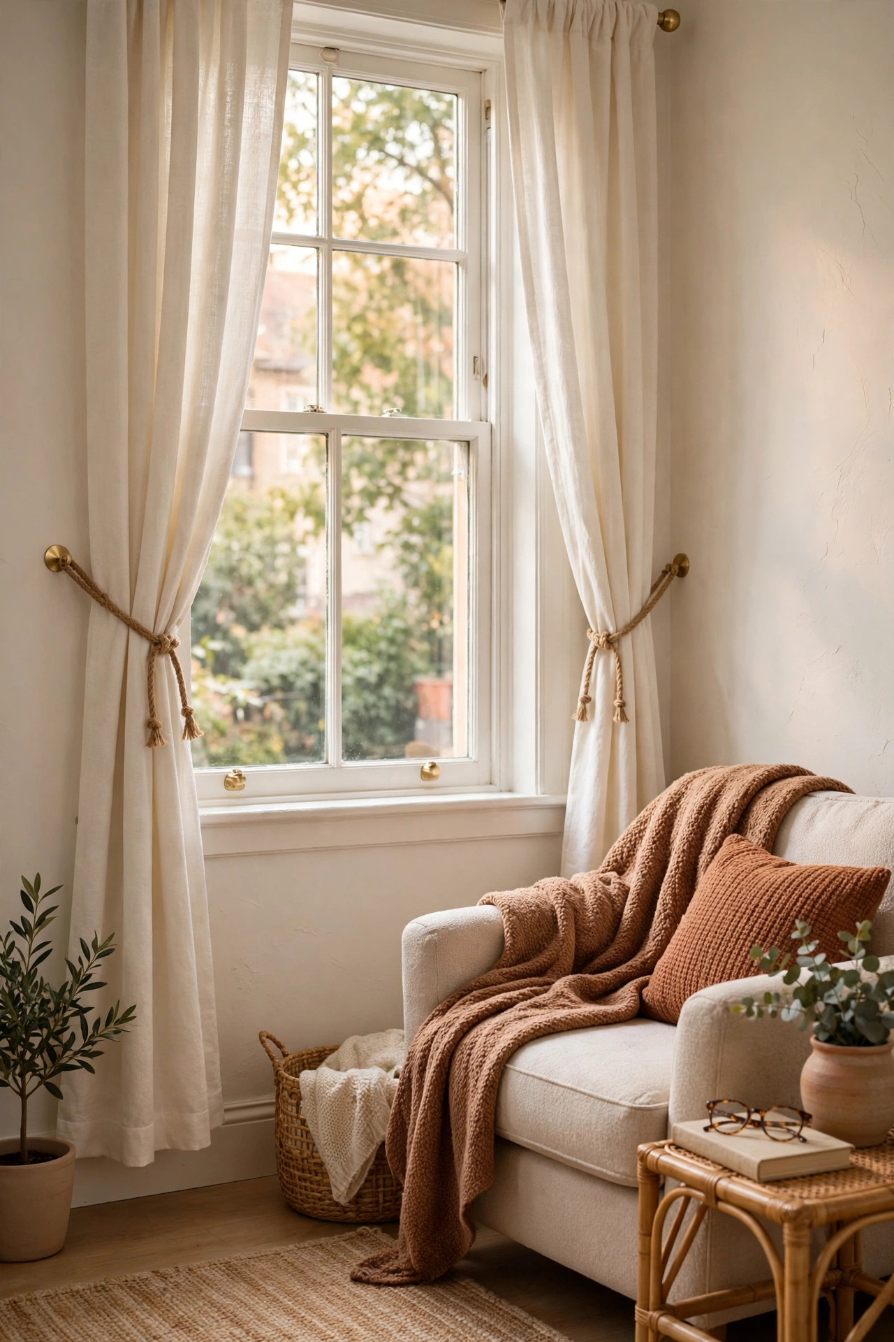 Renter friendly living room curtains held with adhesive gold hooks and jute rope tiebacks