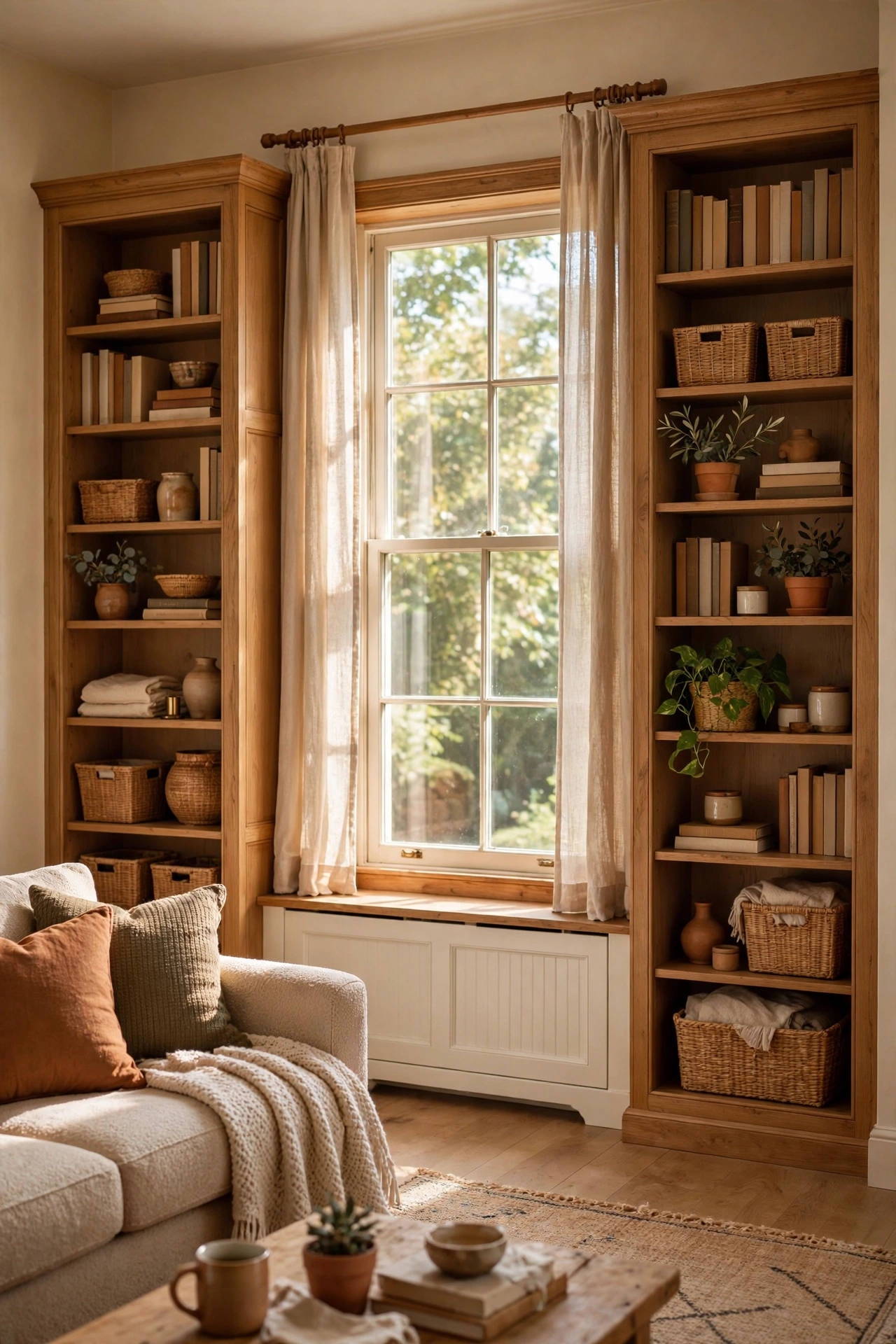 Renter friendly living room faux built-ins made from two matching bookcases flanking a window