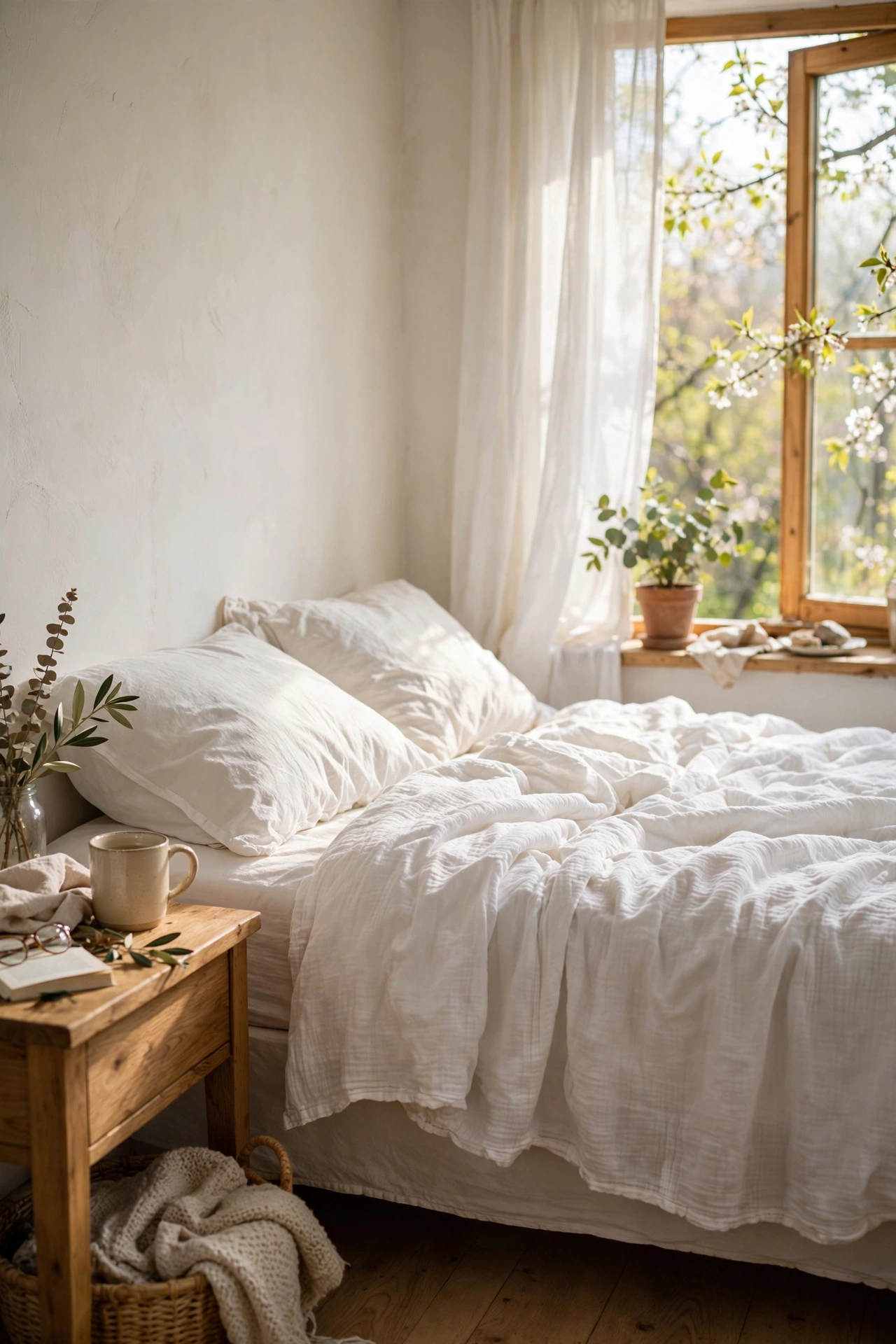 Bed with lightweight cotton coverlet in fresh spring bedding