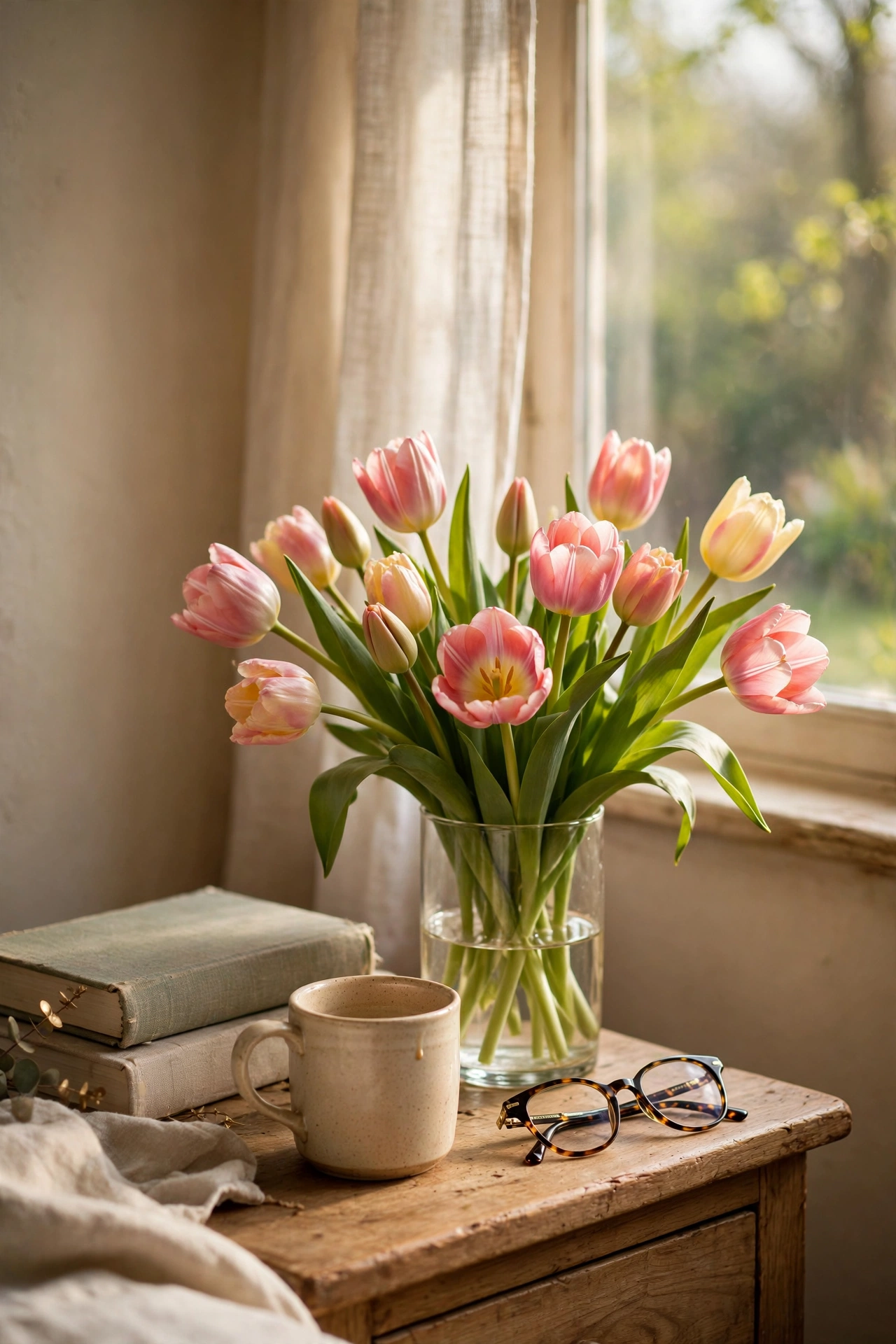 Fresh tulips in a simple vase on a bedroom nightstand