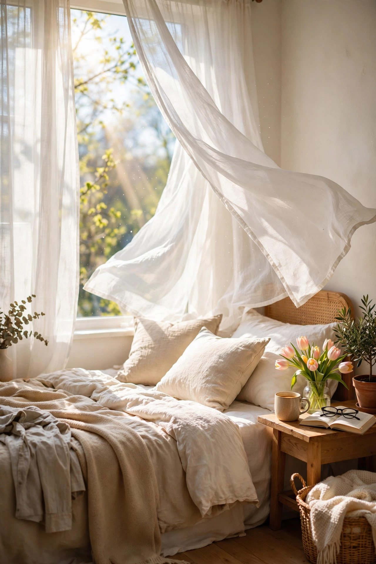 Sheer white curtains letting spring light flood a bedroom
