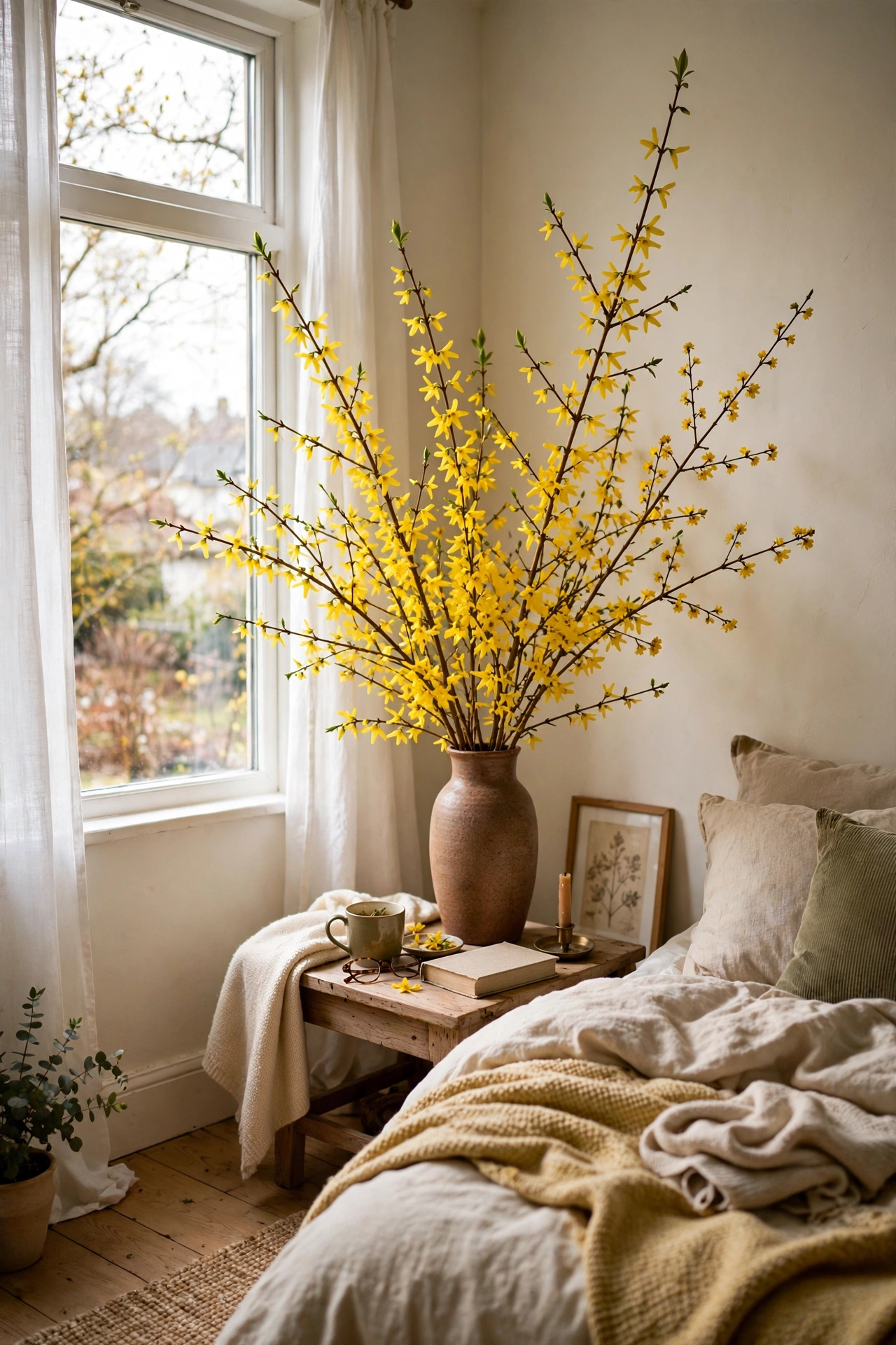 Forsythia branches blooming in a tall vase in a bedroom