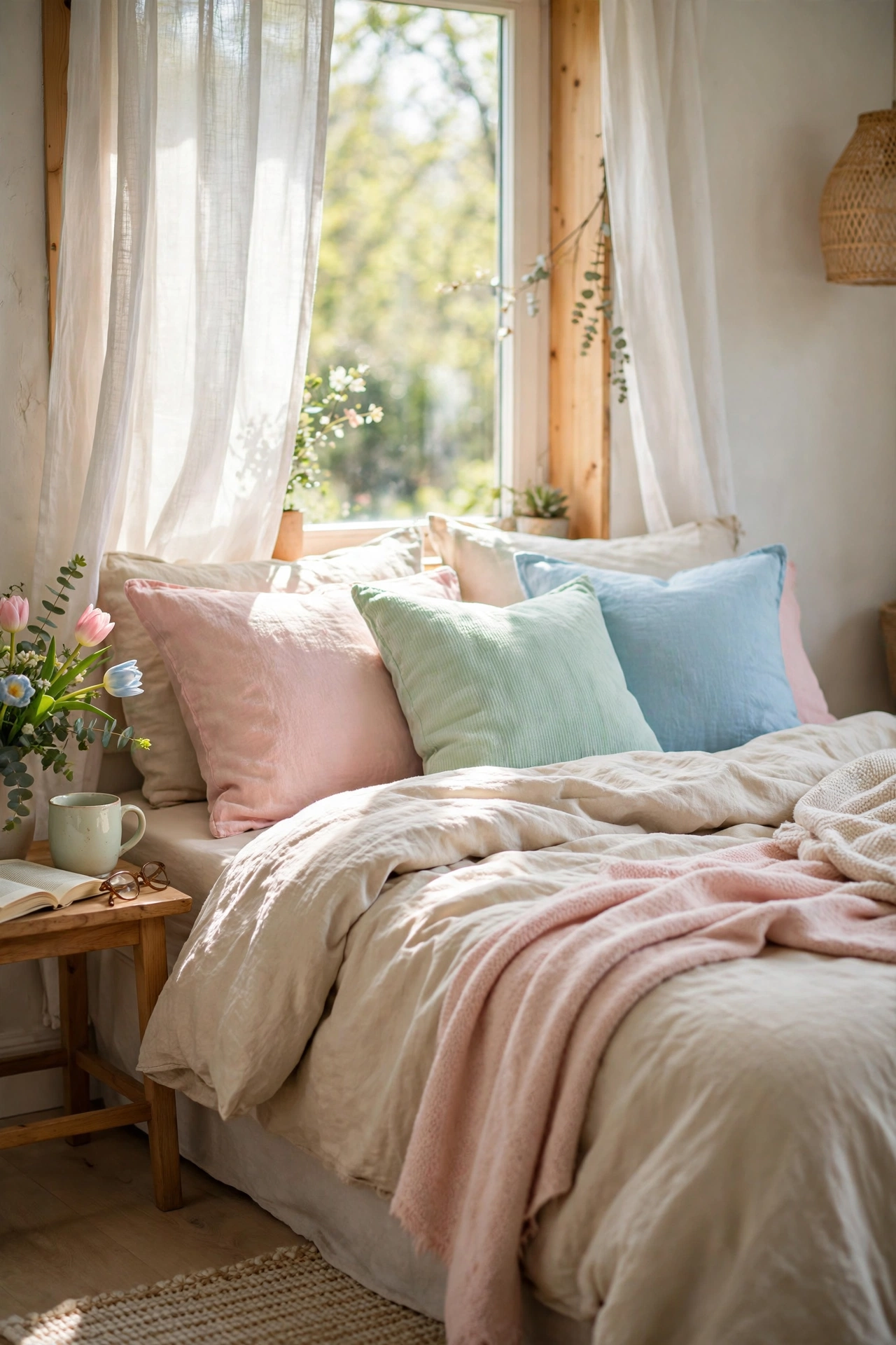 Bed with pastel throw pillows in blush, mint and sky