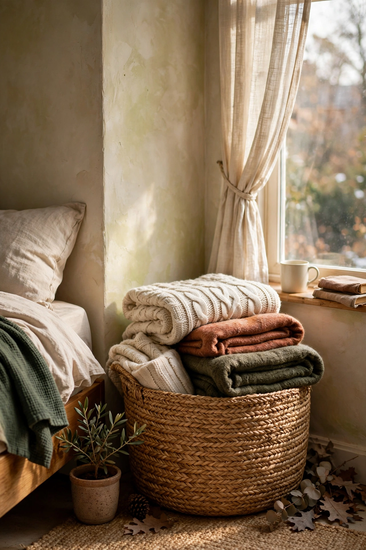 Seagrass basket storing folded winter throws in a bedroom corner