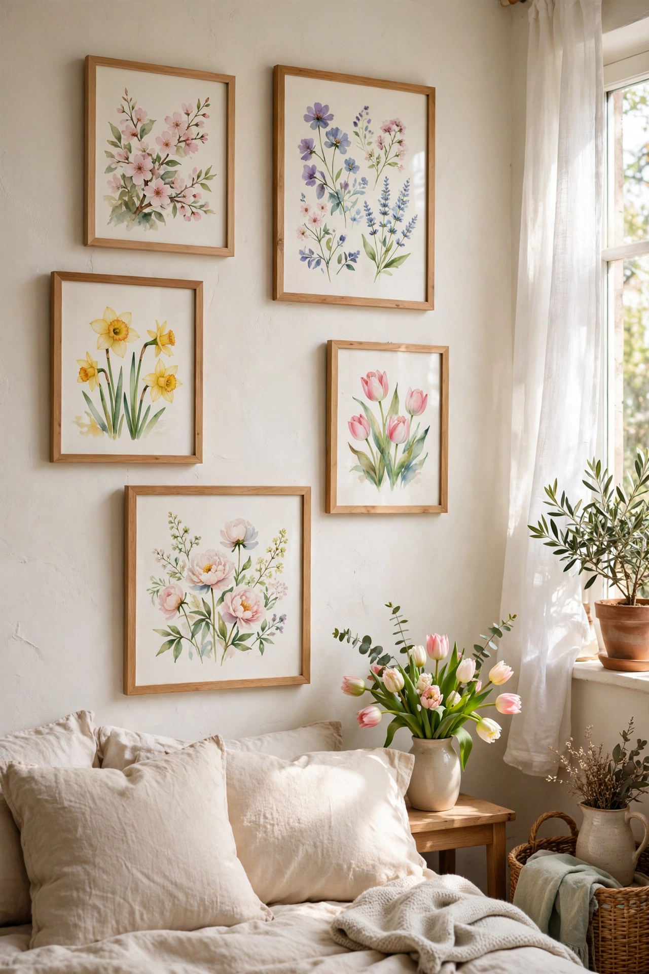 Floral watercolor prints in thrifted frames on a bedroom wall