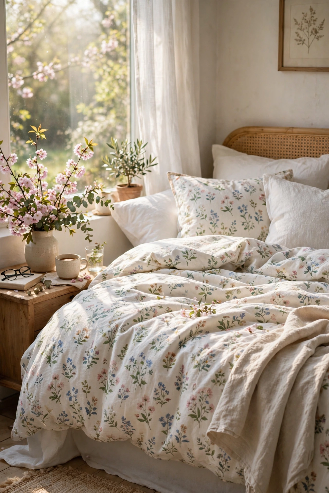 White-ground floral duvet cover on a spring bedroom bed