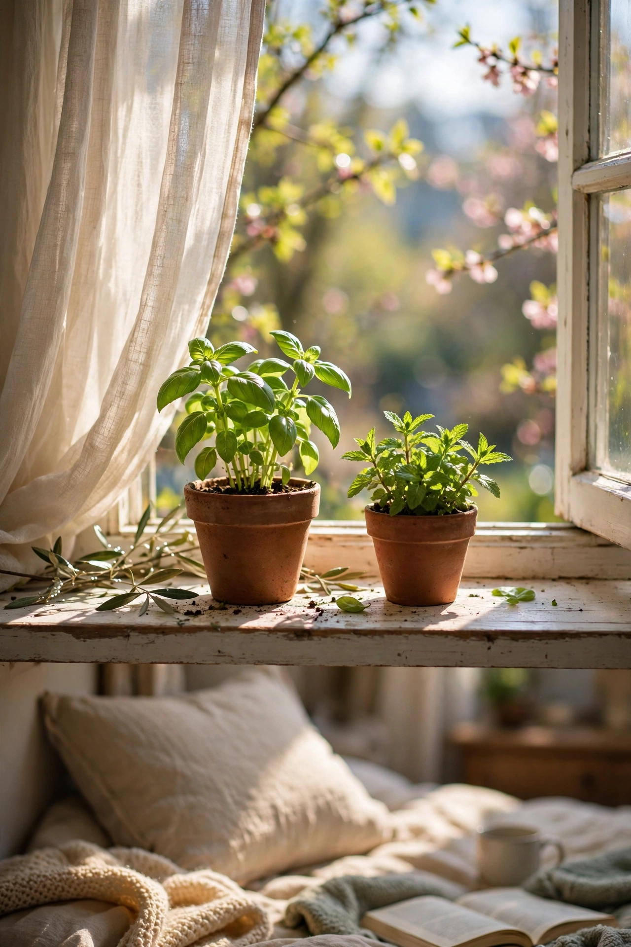 Potted basil and mint growing on a sunny bedroom windowsill