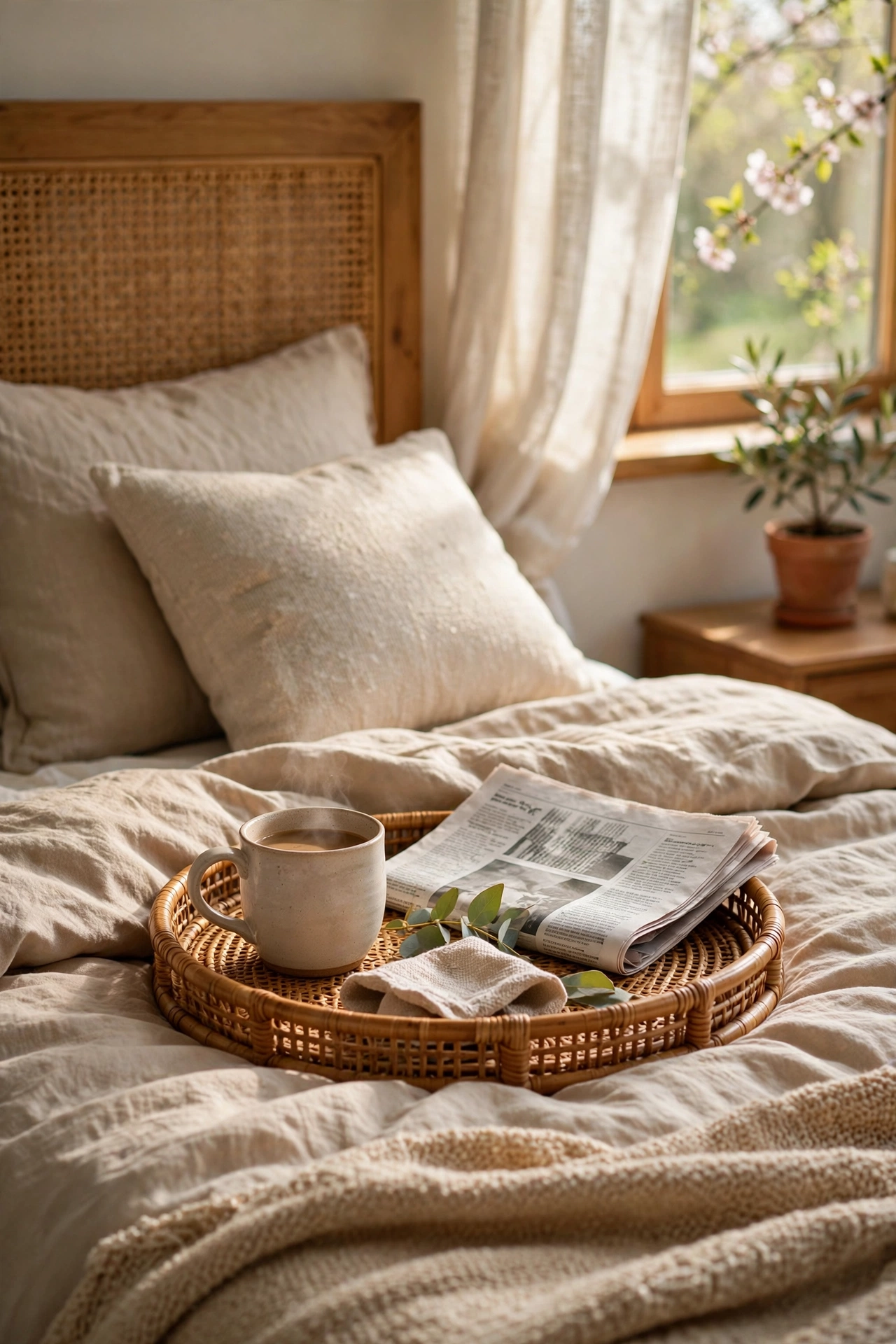 Rattan tray with coffee and newspaper on a spring bed