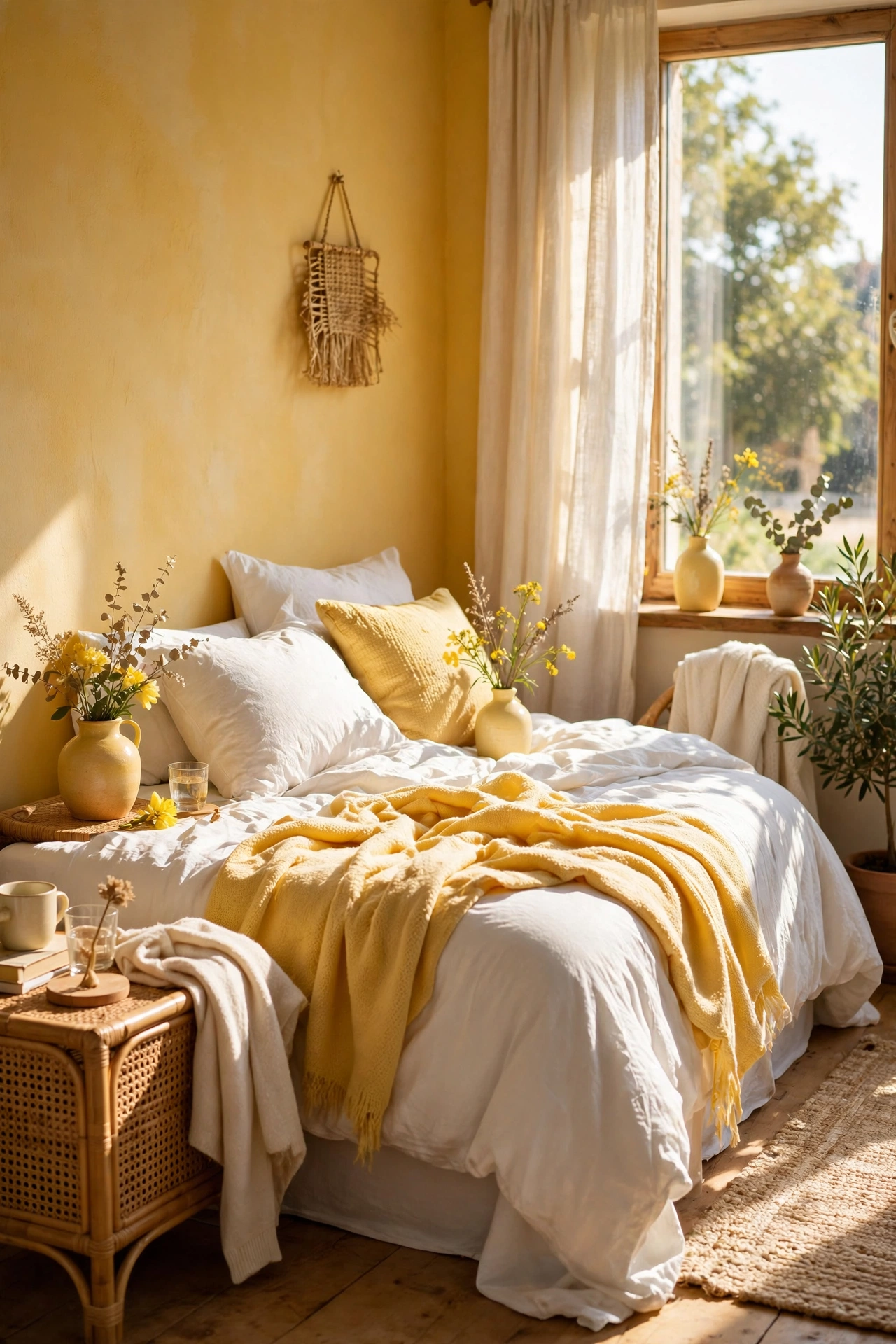 Butter yellow throw and vase accents in a spring bedroom