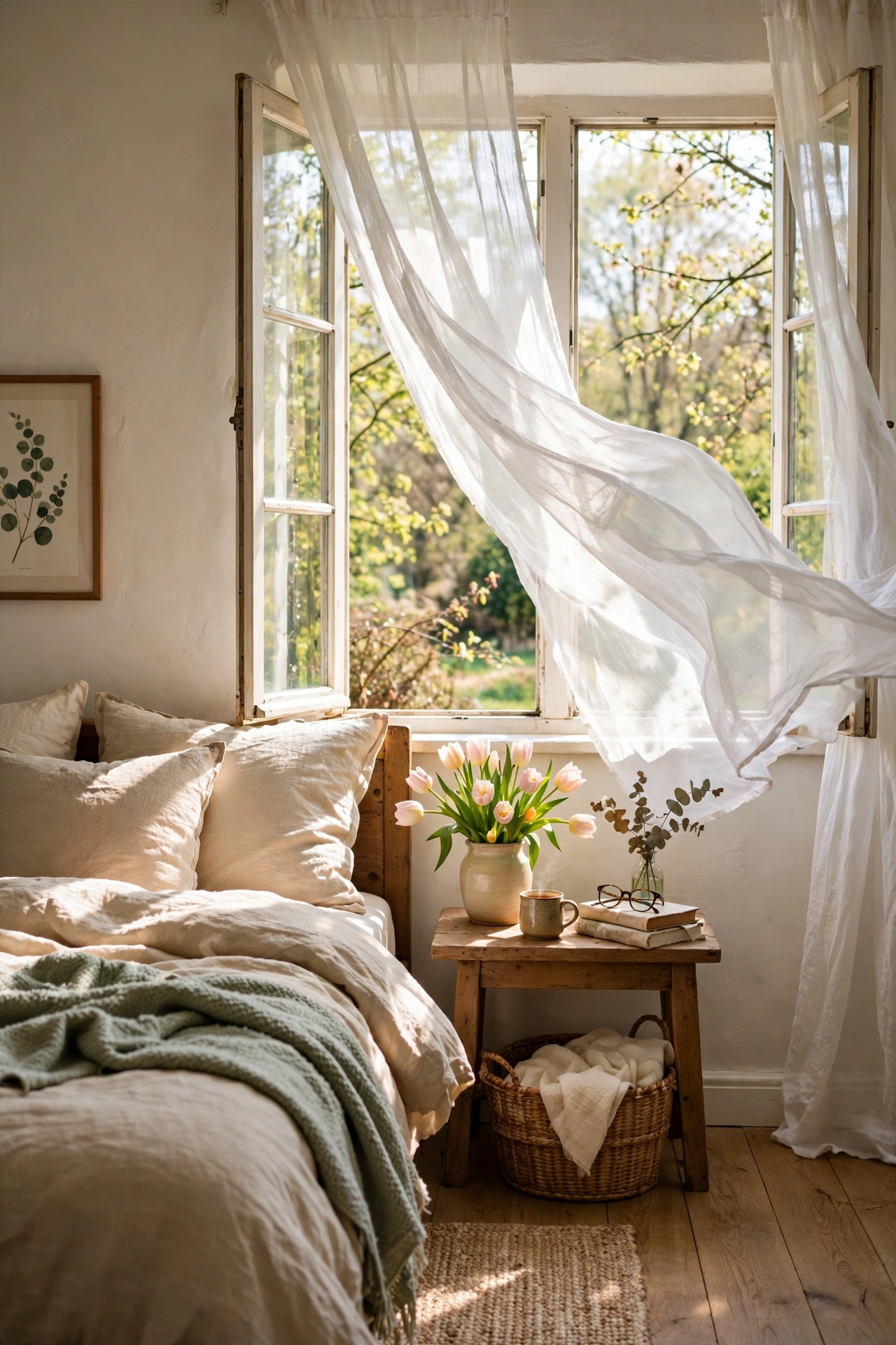 Bedroom windows open letting in spring breeze and light