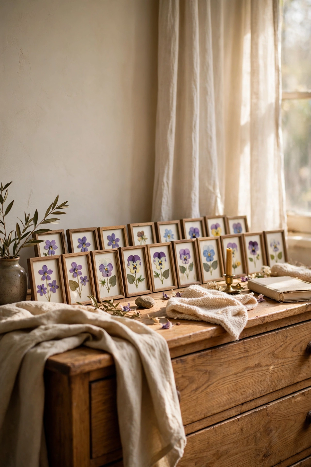 Pressed violets and pansies in thrifted frames on a dresser