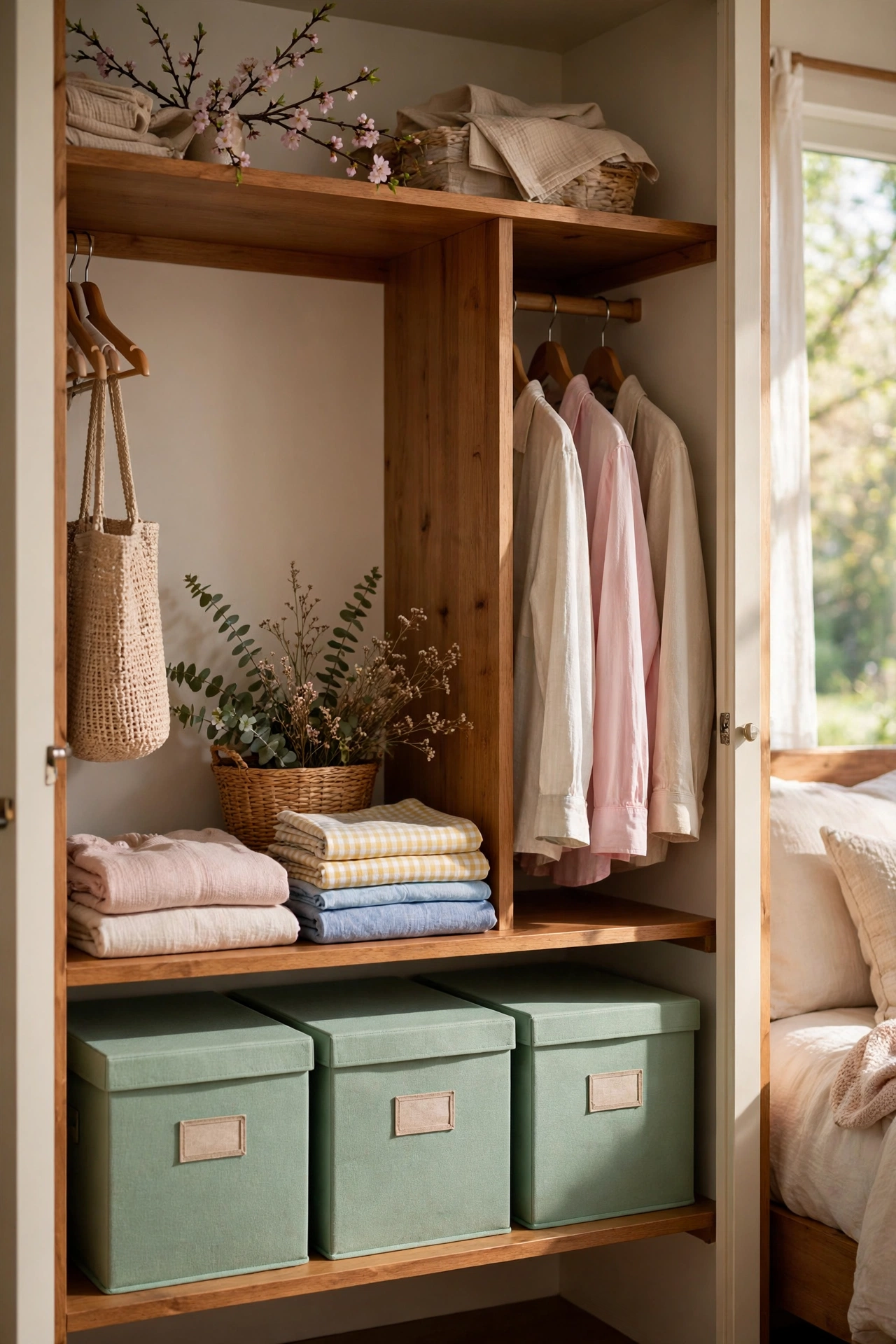 Mint green storage boxes organizing a bedroom closet shelf