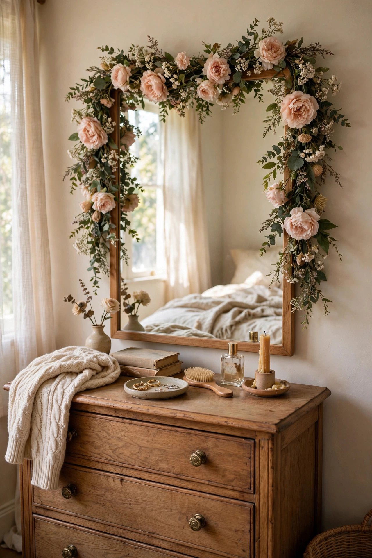Faux floral garland draped over a bedroom dresser mirror