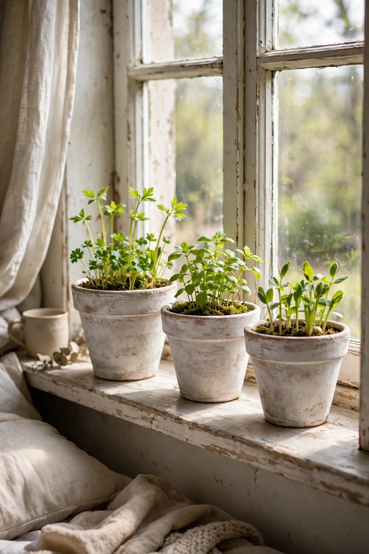 Whitewashed terracotta pots with spring plants on a windowsill