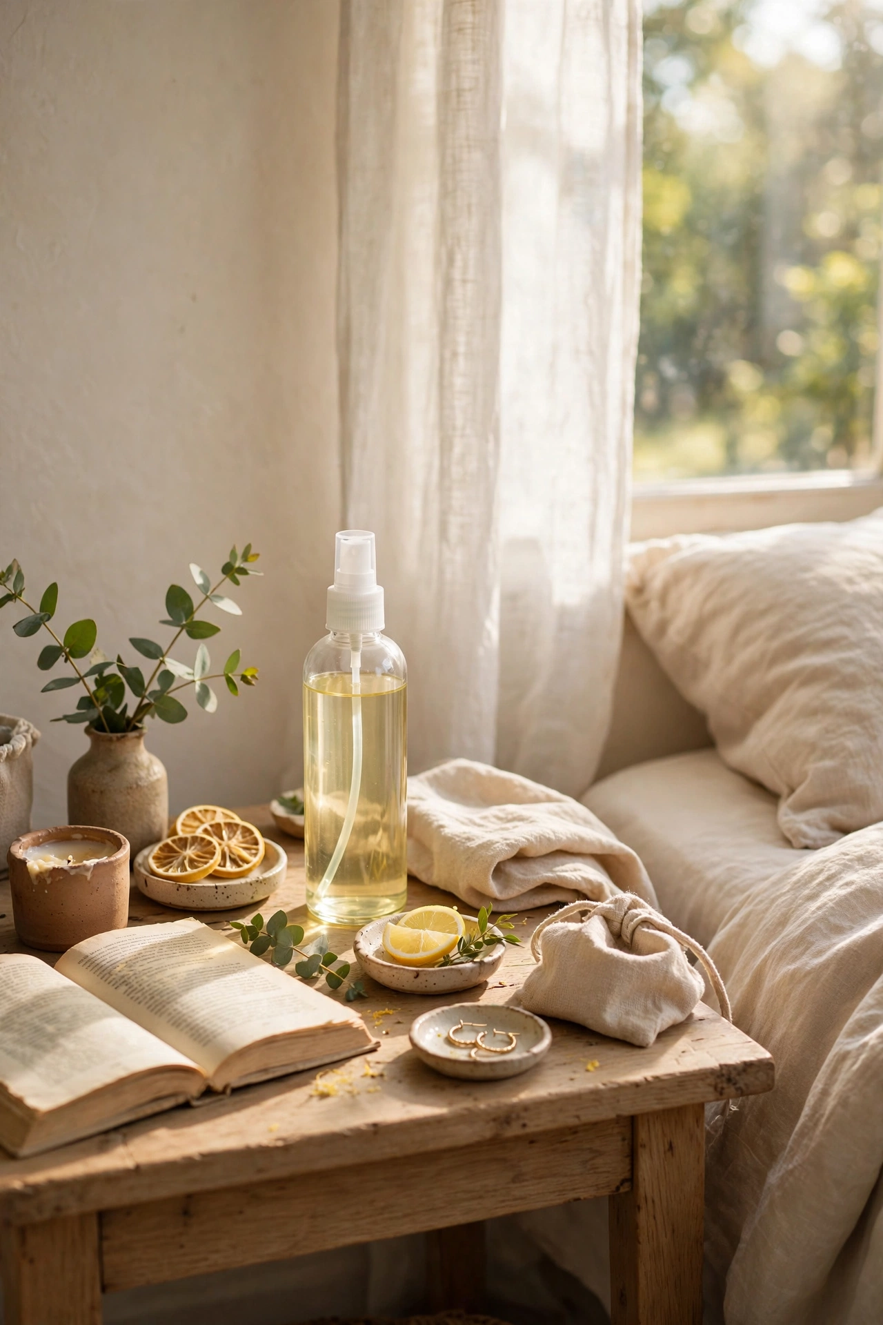 Citrus linen spray bottle on a nightstand in a spring bedroom