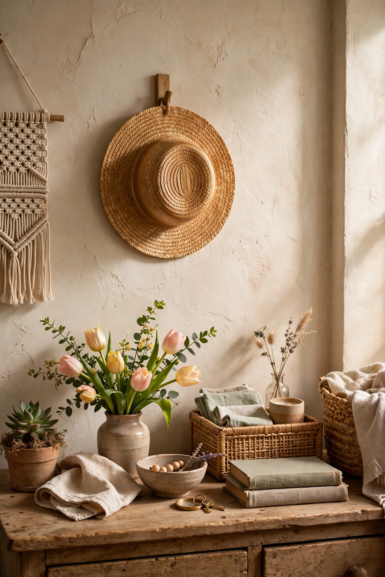 Straw sun hat hung as wall decor above a bedroom dresser