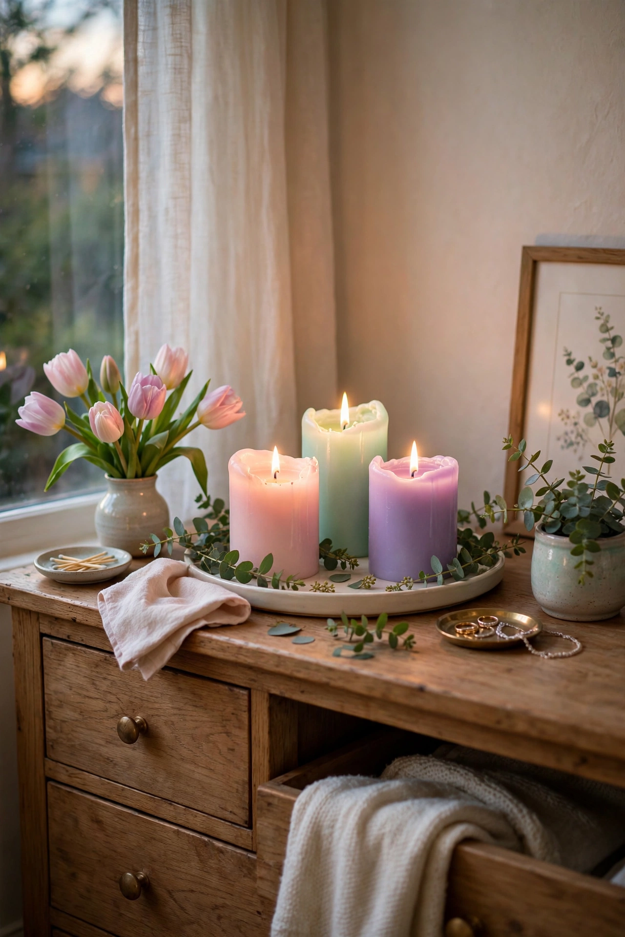 Pastel candles in blush, mint and lilac on a tray