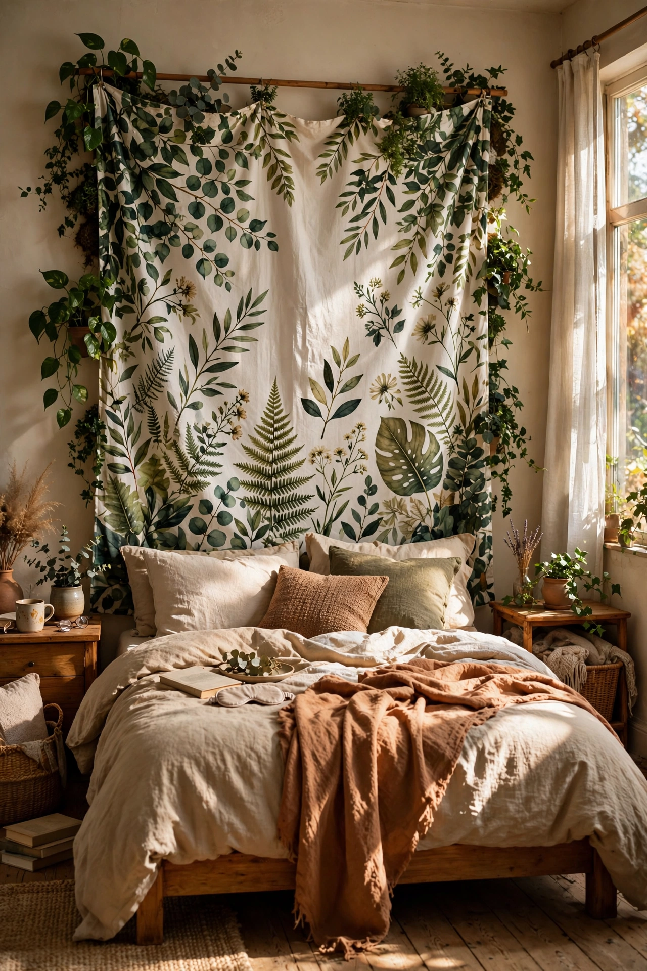 Botanical shower curtain hung as a large tapestry behind a bed