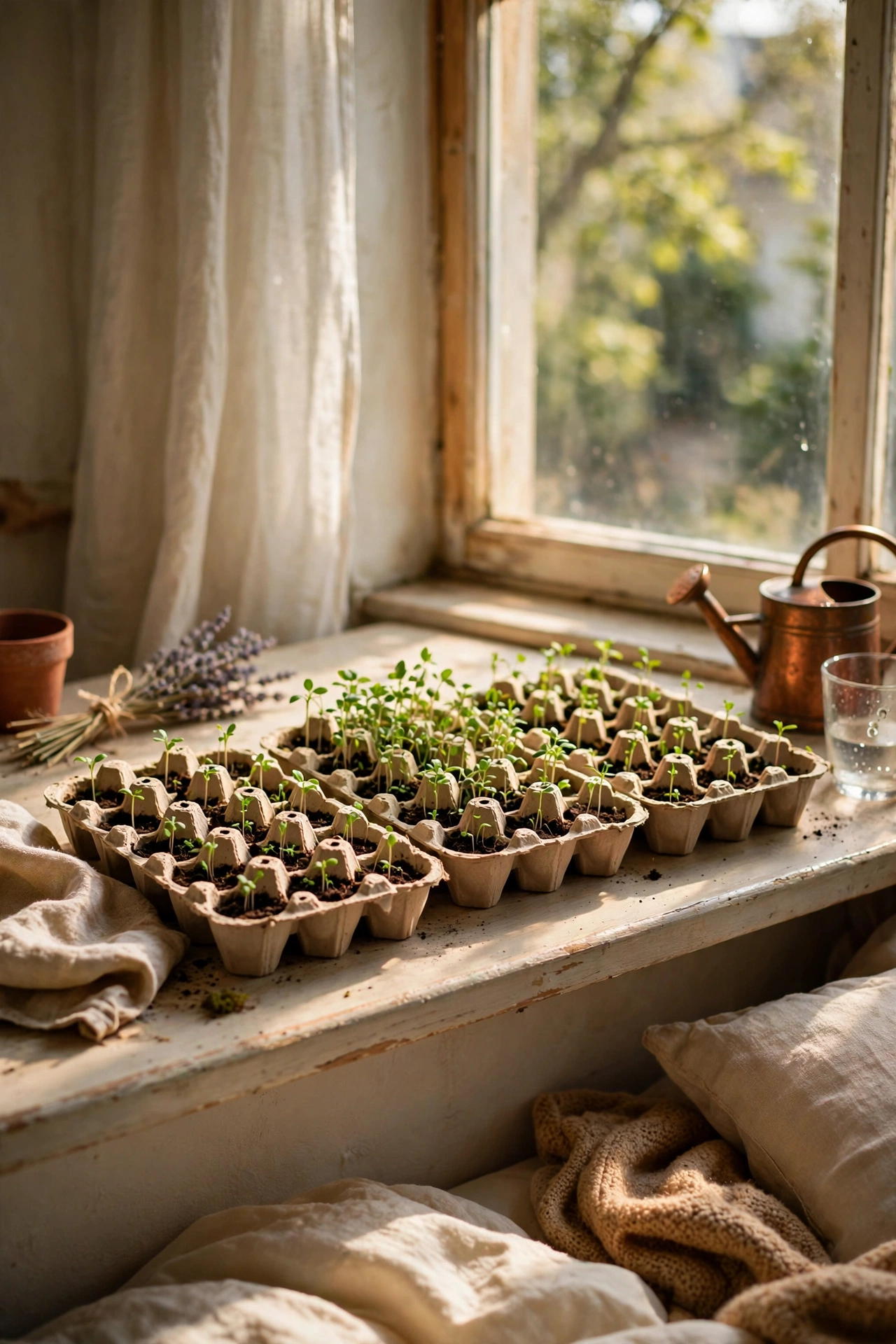 Seedlings sprouting in egg cartons on a sunny windowsill