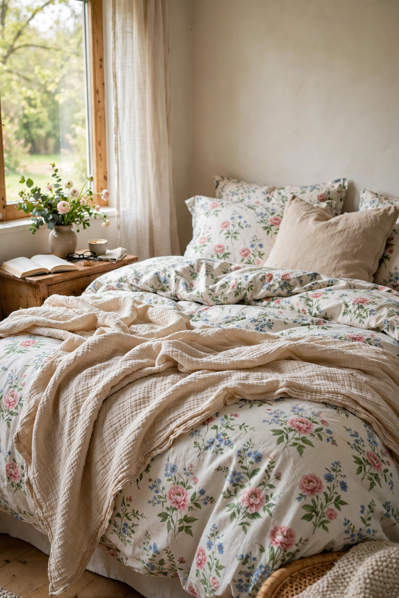 Lightweight cotton gauze throw on a spring bed