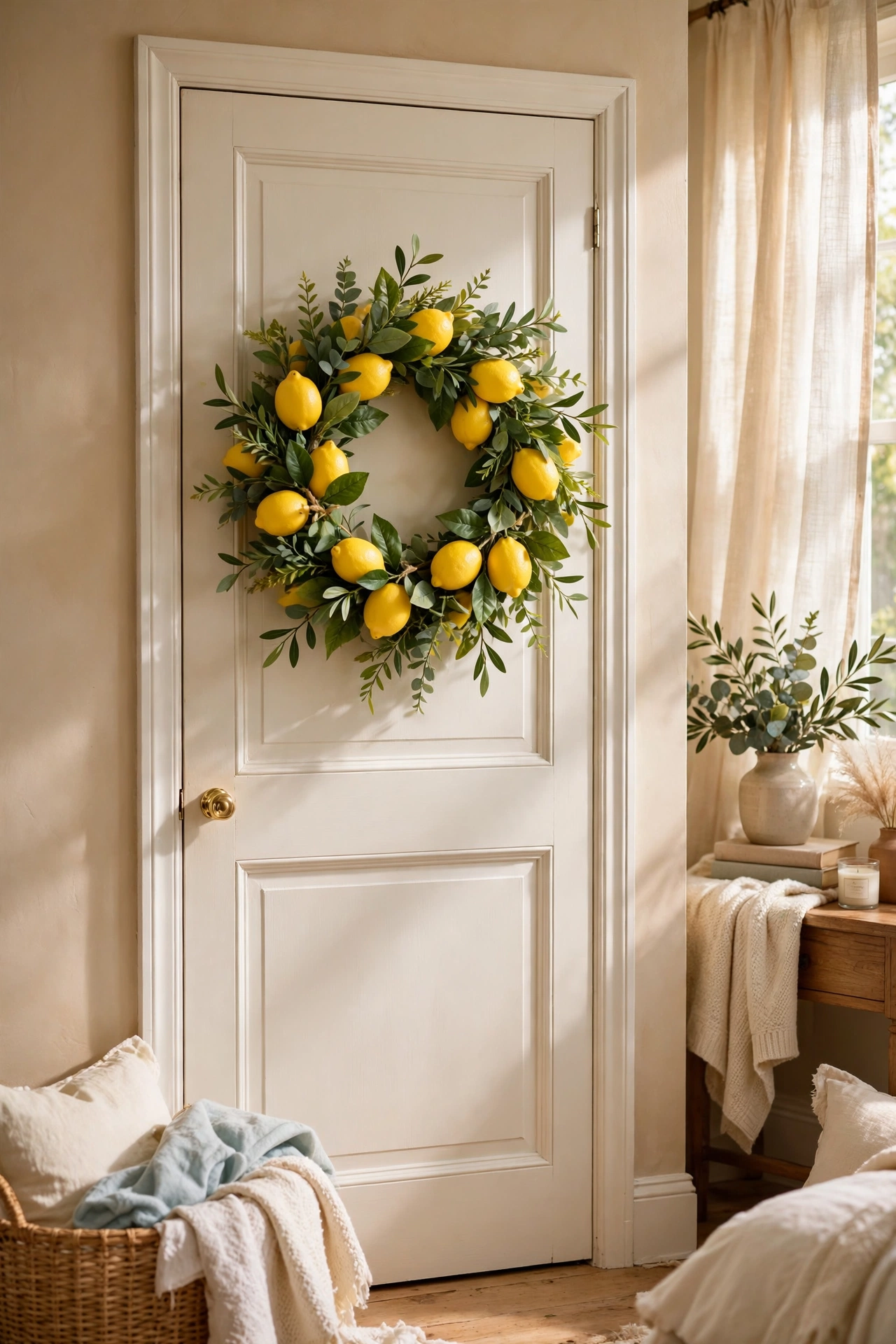 Faux lemon wreath hanging on a bedroom closet door