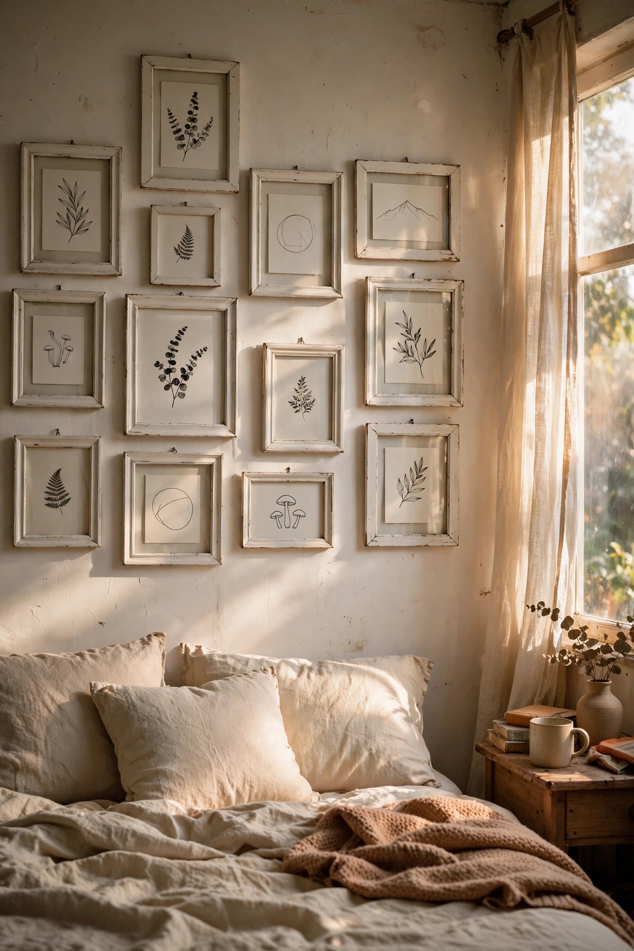 Bedroom gallery wall of secondhand picture frames in matching white above a bed