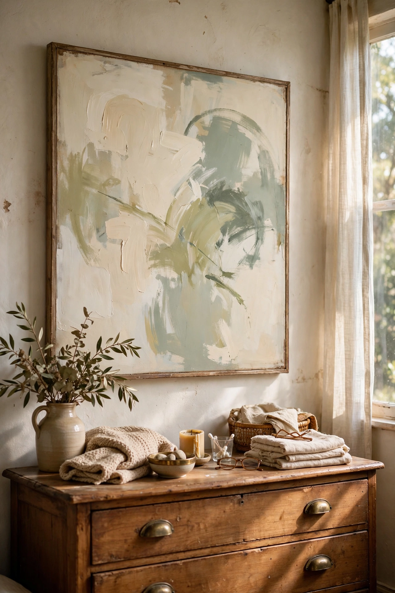 Large thrifted canvas repainted with cream and sage abstract strokes above a bedroom dresser