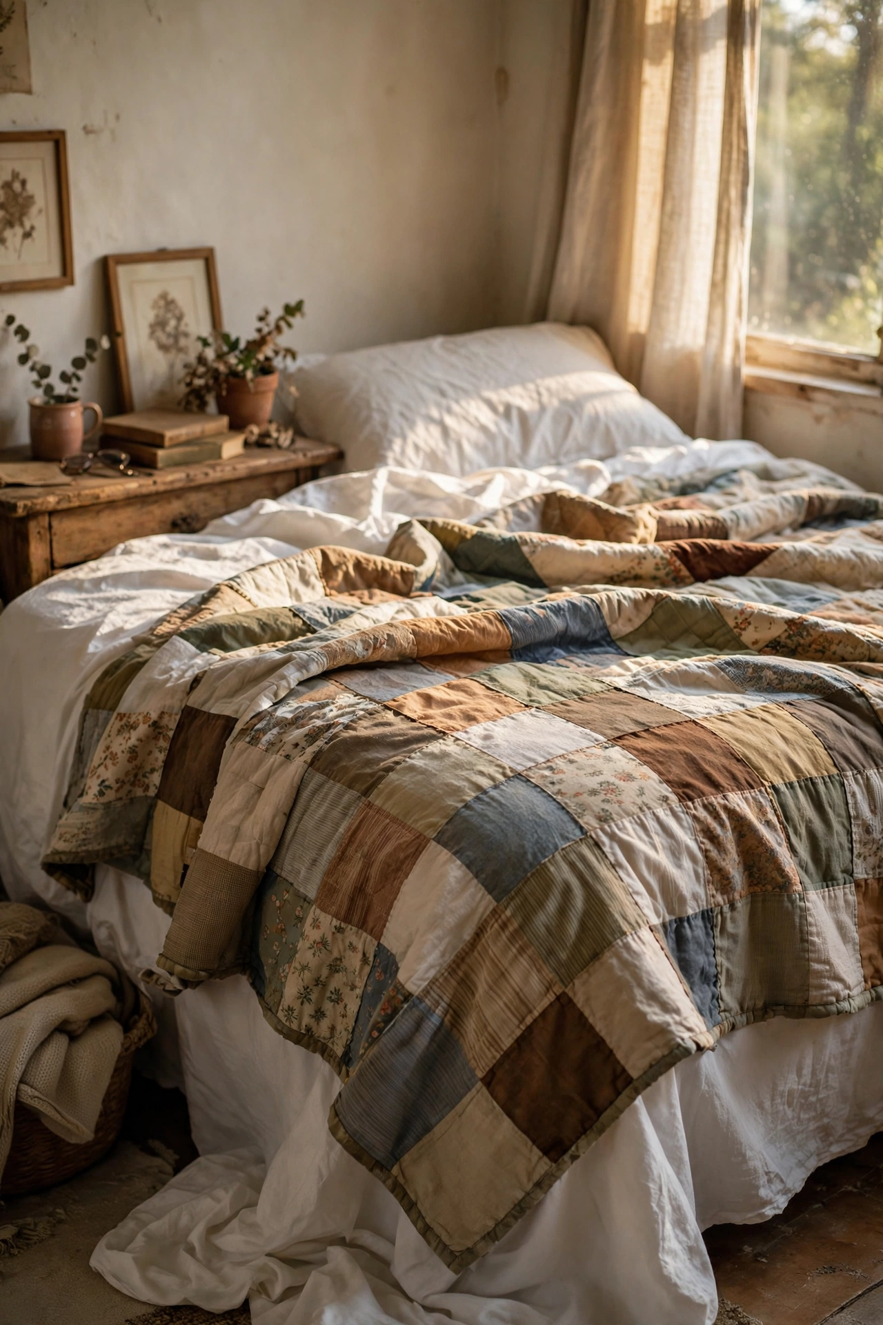 Thrifted patchwork quilt folded over a bed with plain white sheets in a budget bedroom
