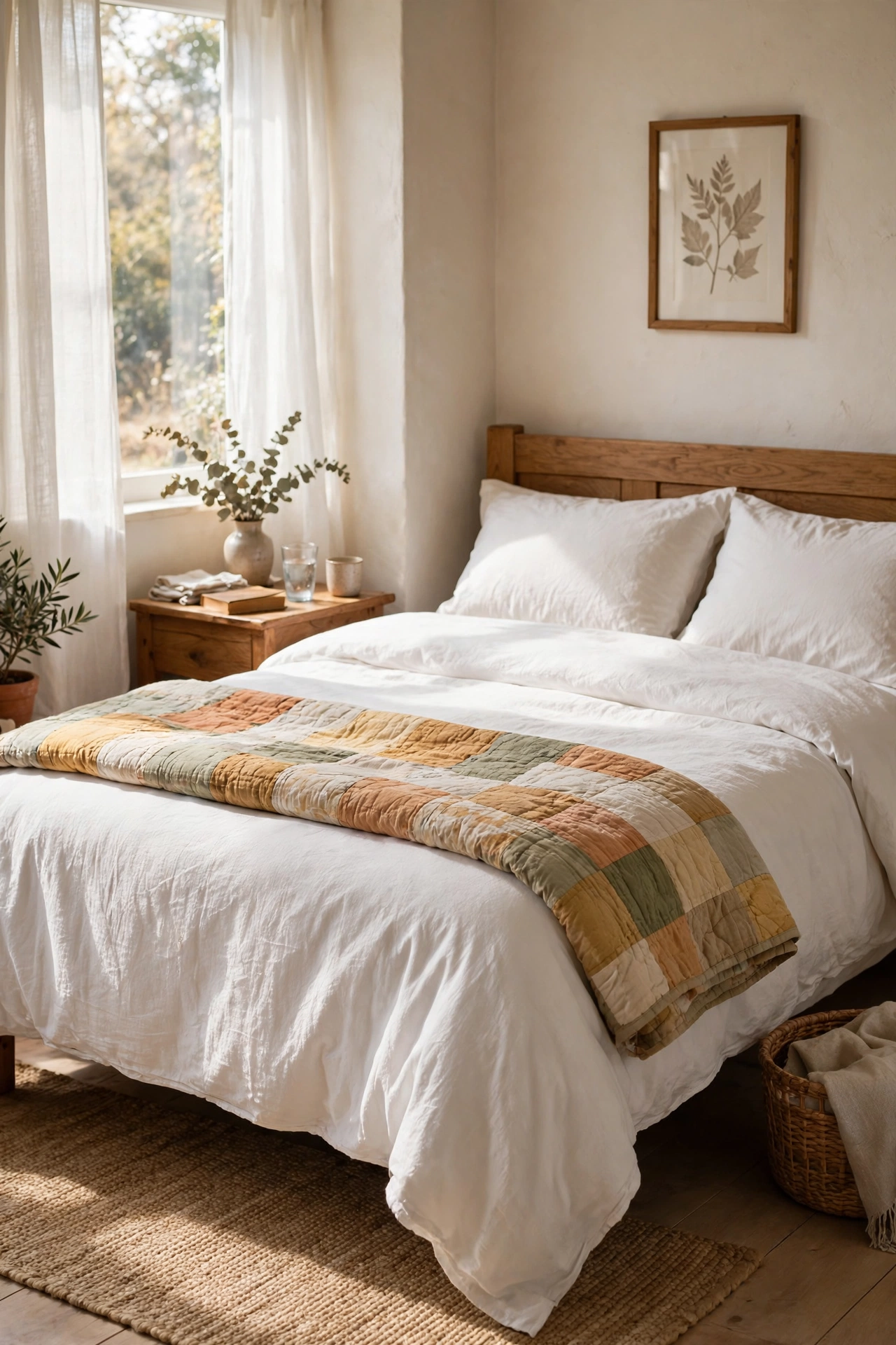 Crisp white thrifted duvet cover on a bed with a folded quilt at the foot