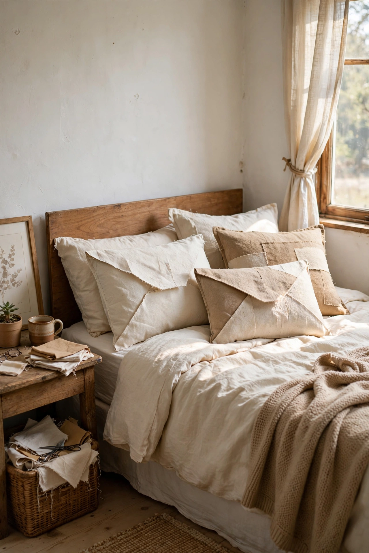 Handmade throw pillow covers from thrifted linen remnants on a bedroom bed