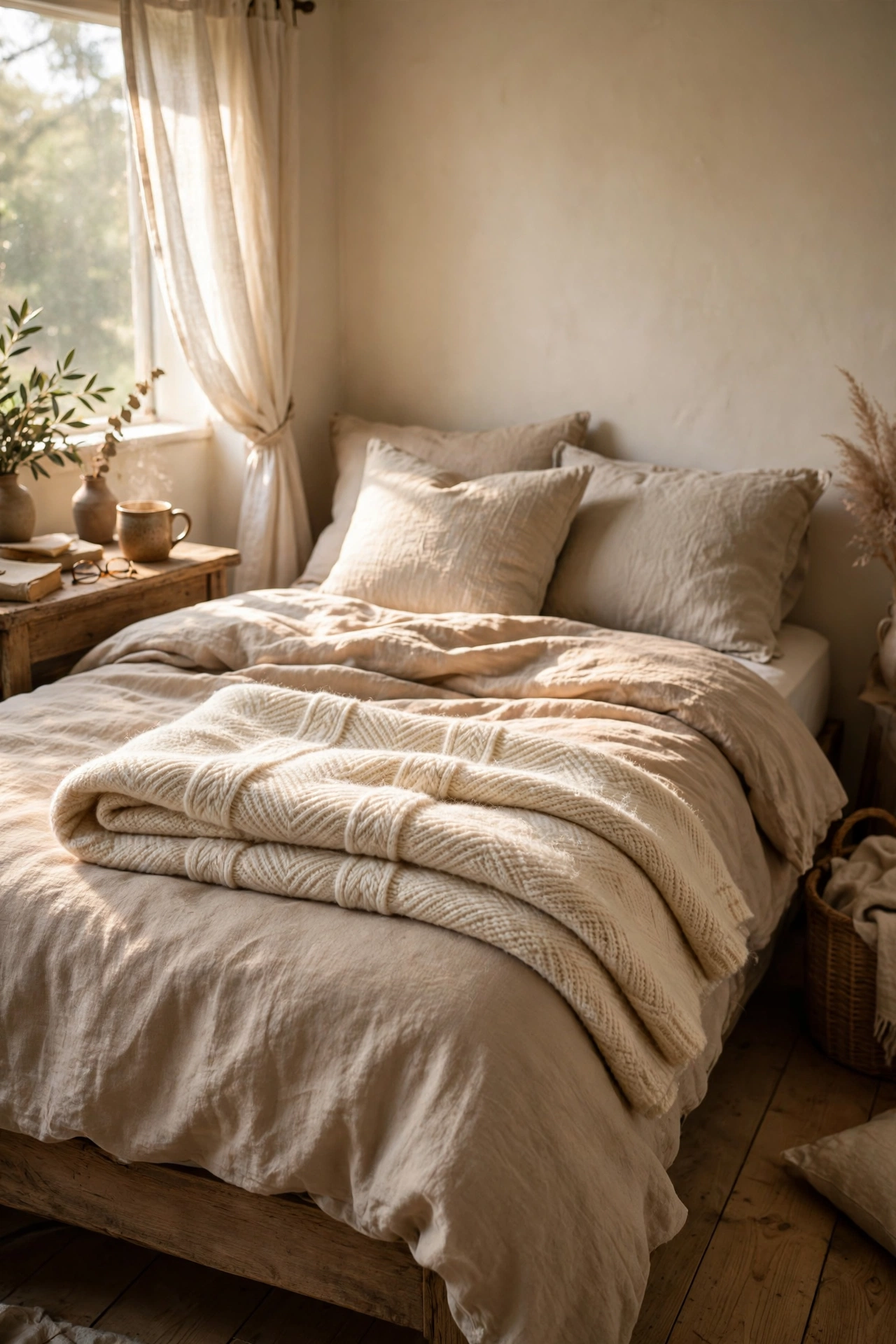 Vintage wool throw blanket folded across the foot of a bed in a thrifted bedroom