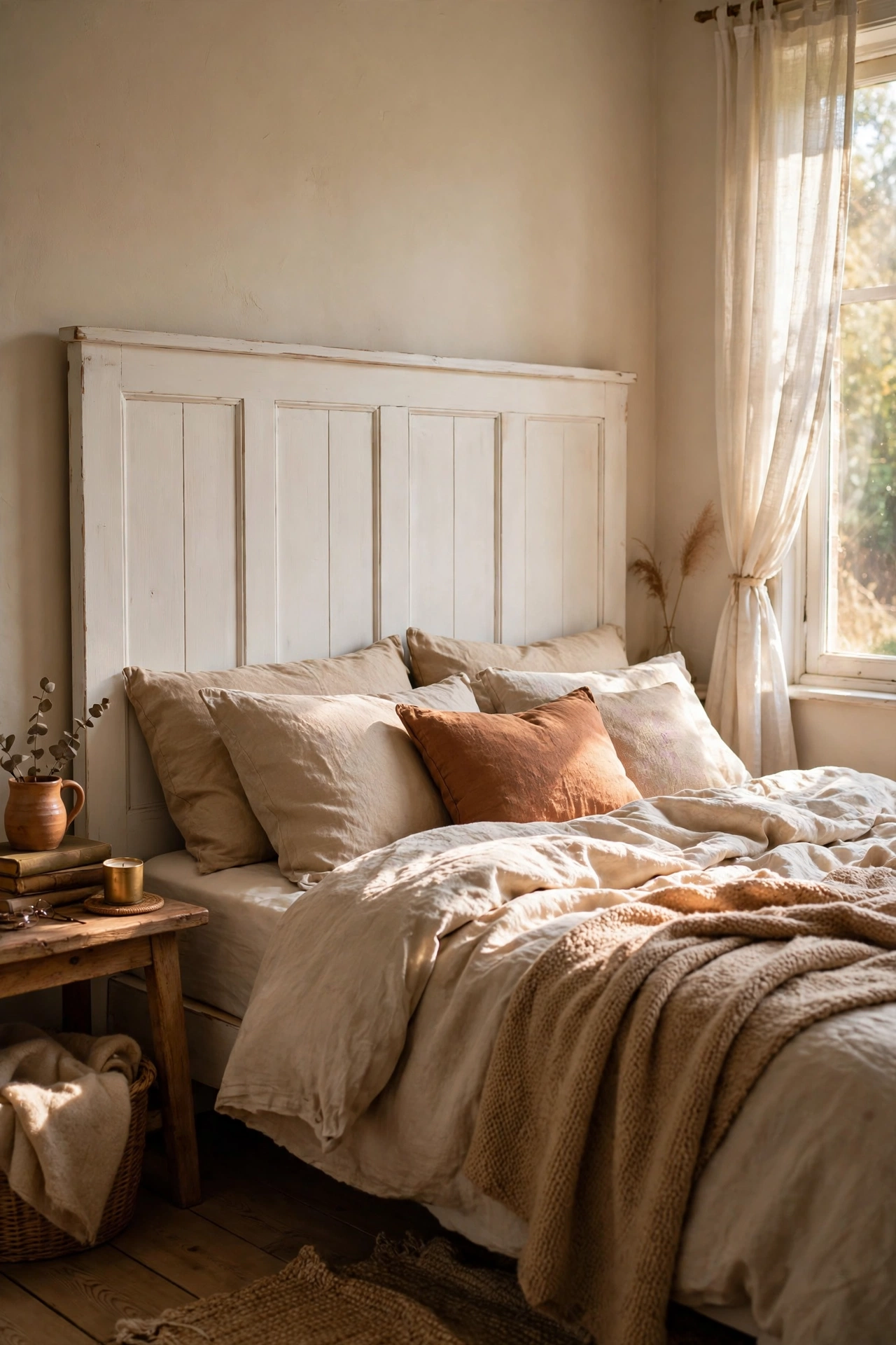 Thrifted wooden headboard sanded and painted warm white behind a bedroom bed