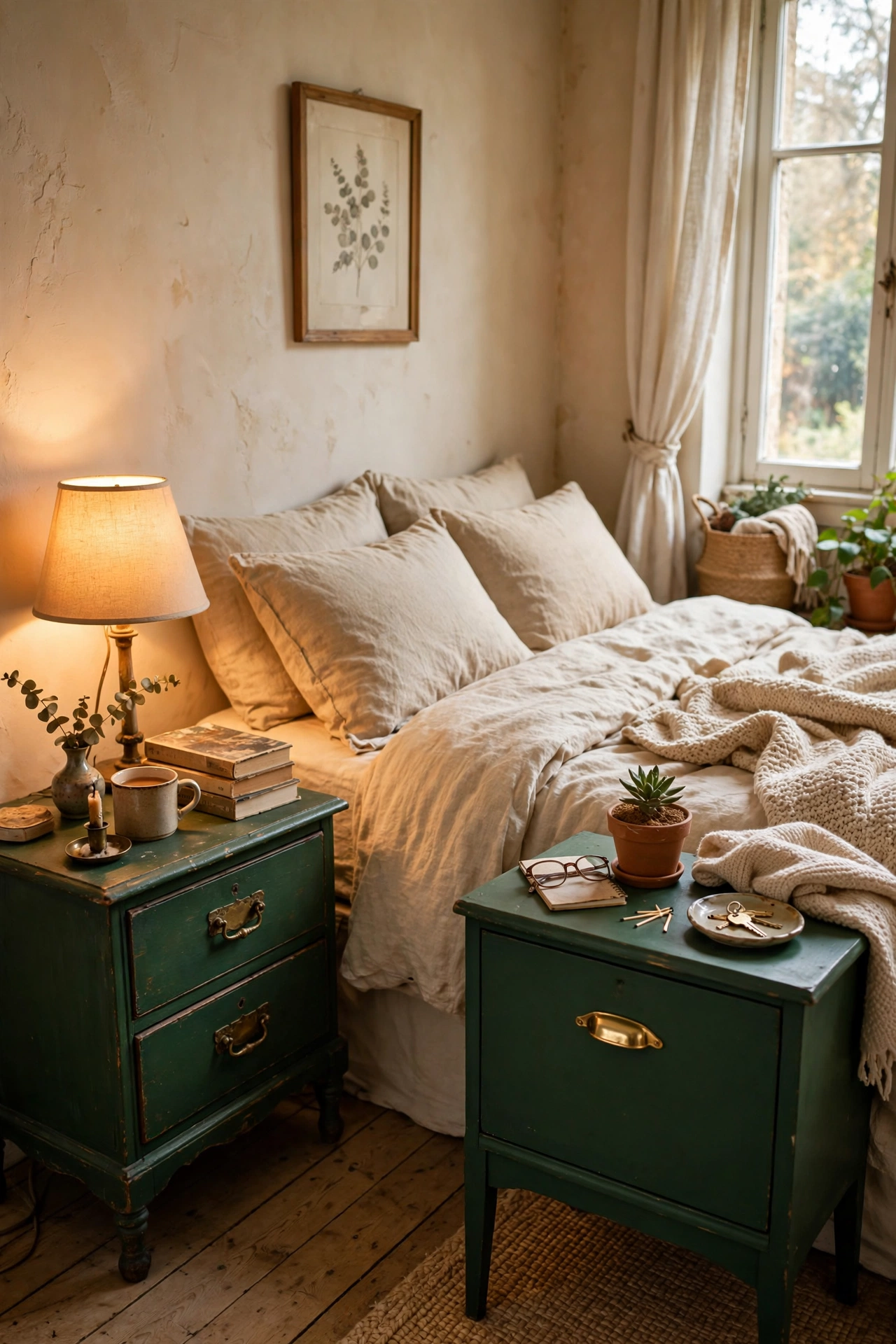 Two mismatched thrifted nightstands painted the same deep green beside a bed