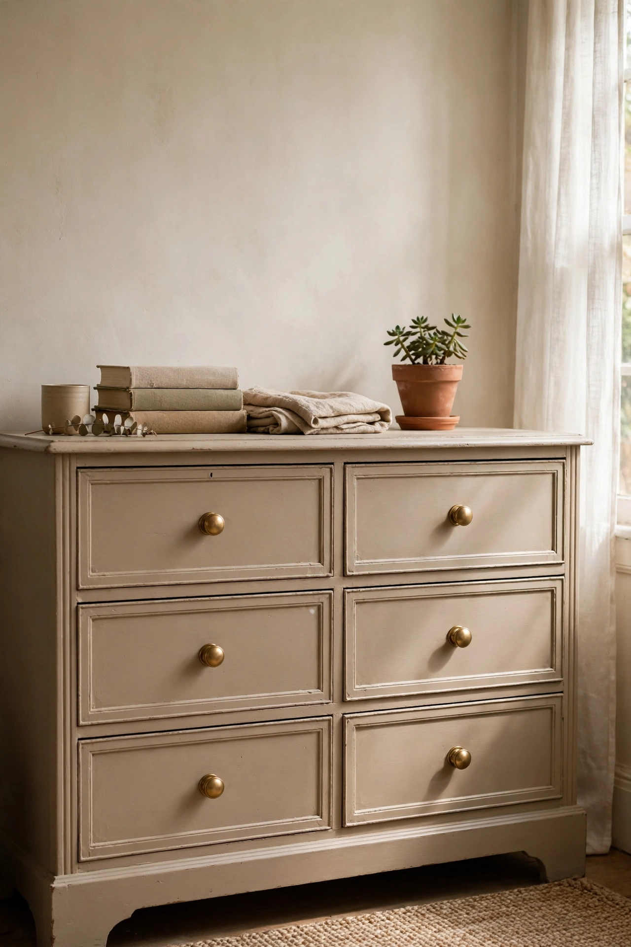 Vintage wooden dresser repainted and styled with new knobs in a thrifted bedroom