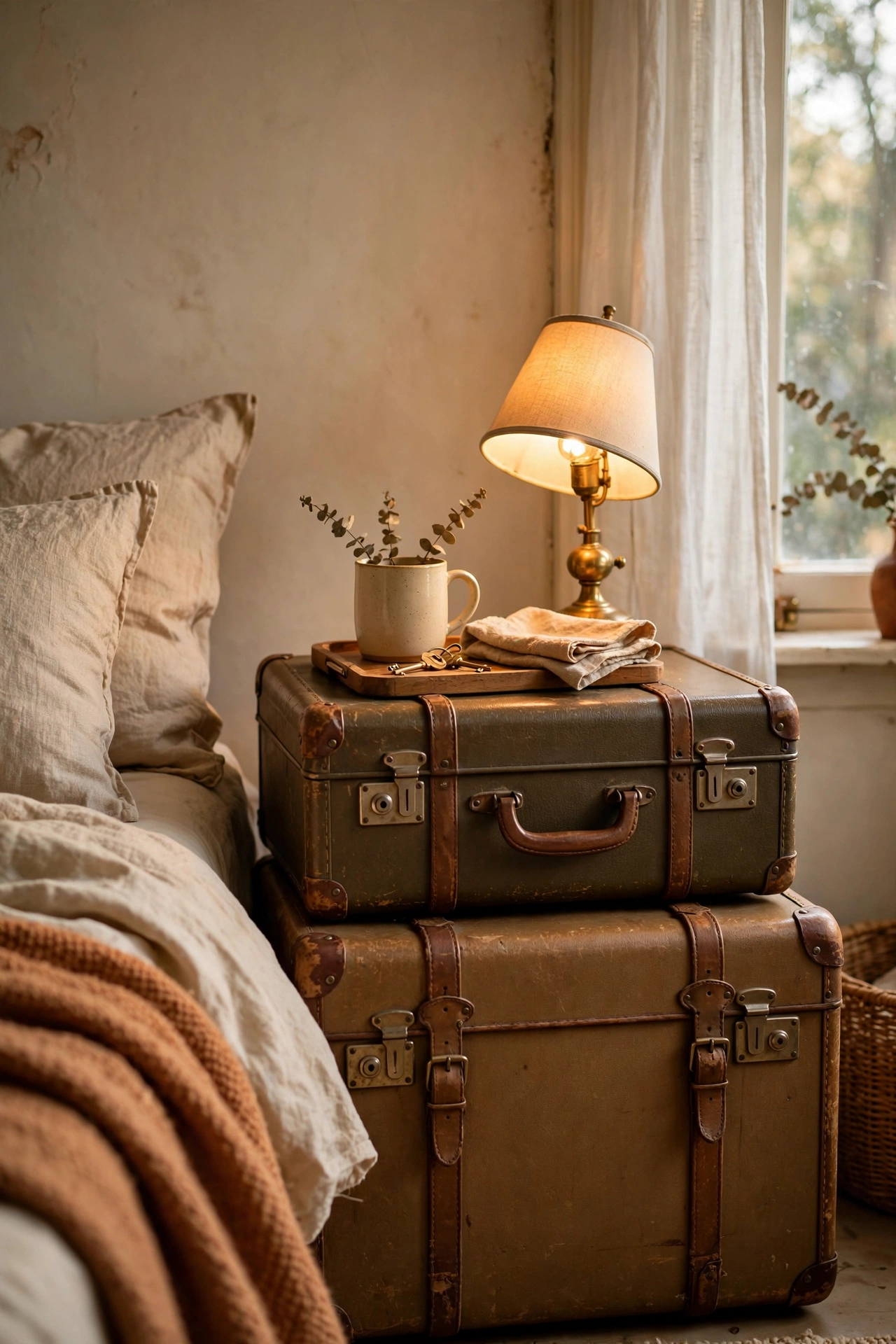 Two vintage suitcases stacked as a nightstand beside a bed with a small lamp