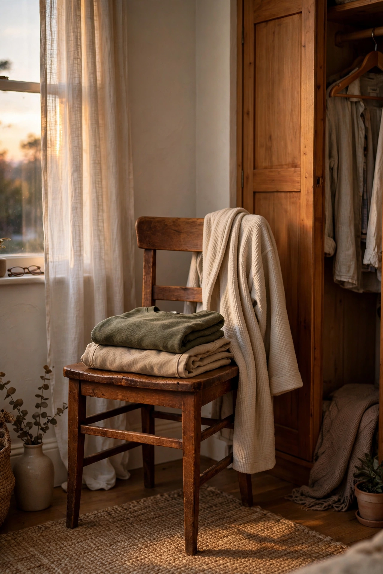 Thrifted wooden chair in a bedroom corner holding a folded outfit for tomorrow