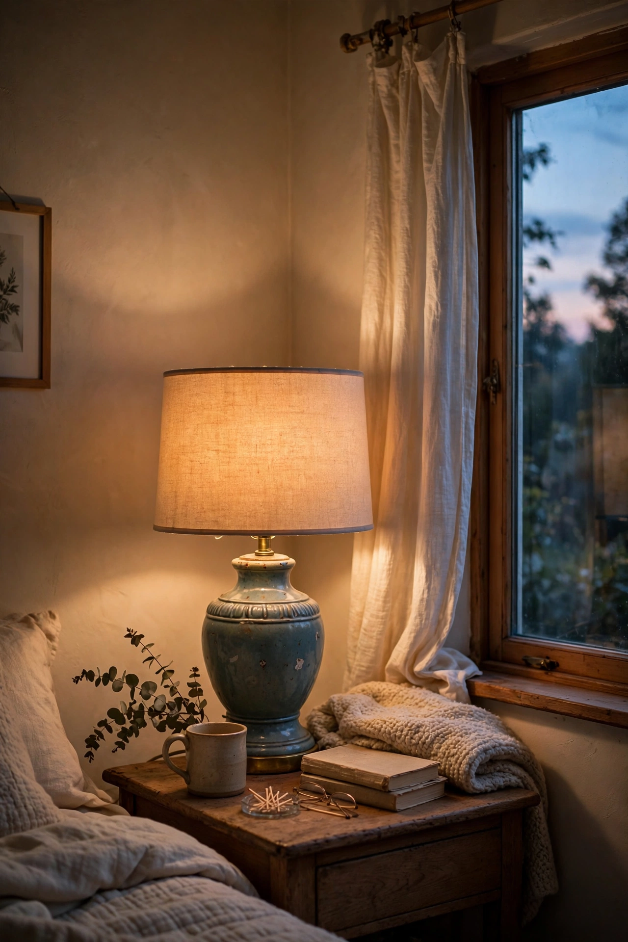 Thrifted lamp base with a new drum shade glowing on a bedroom nightstand