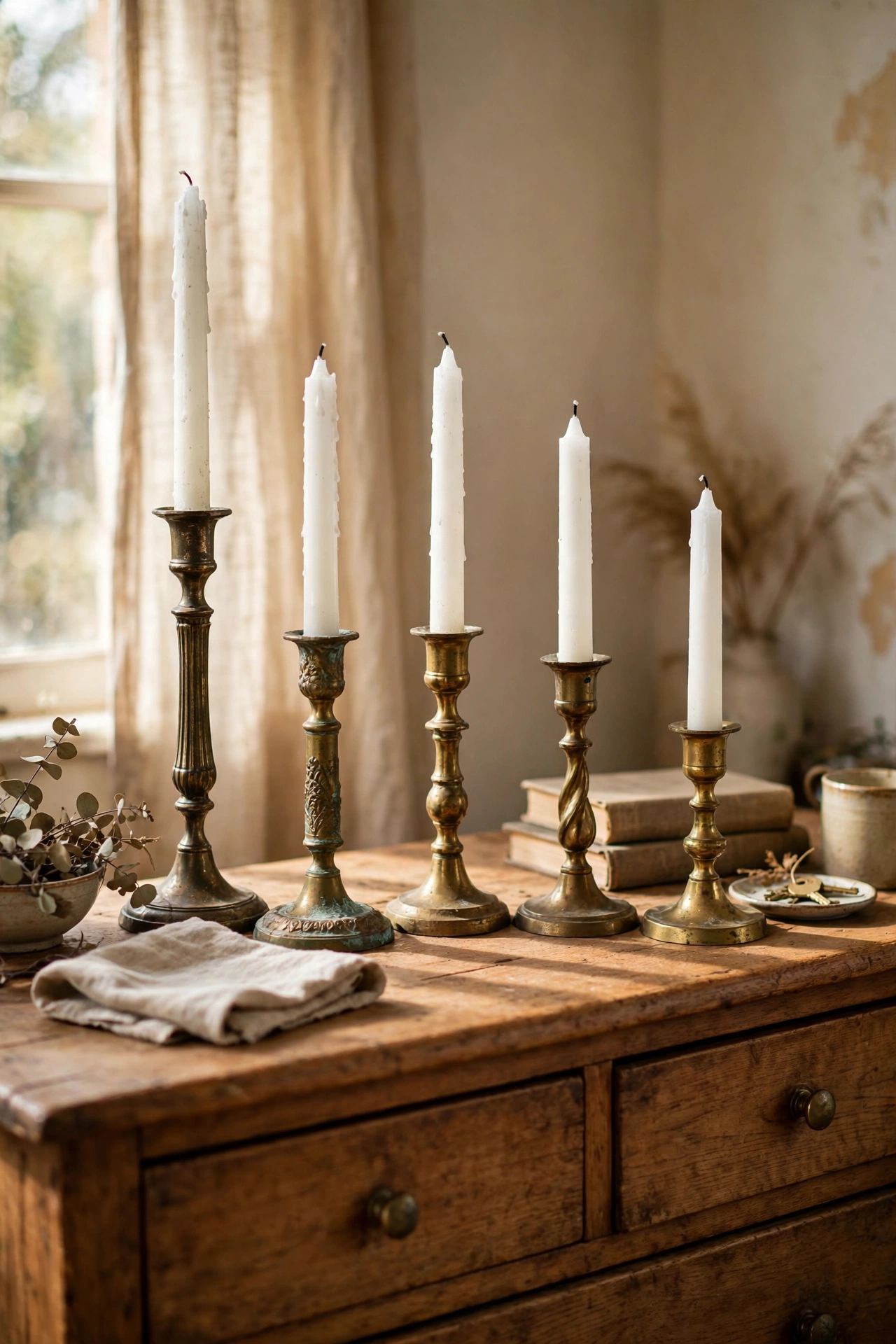 Five mismatched thrifted brass candlesticks with white tapers on a bedroom dresser