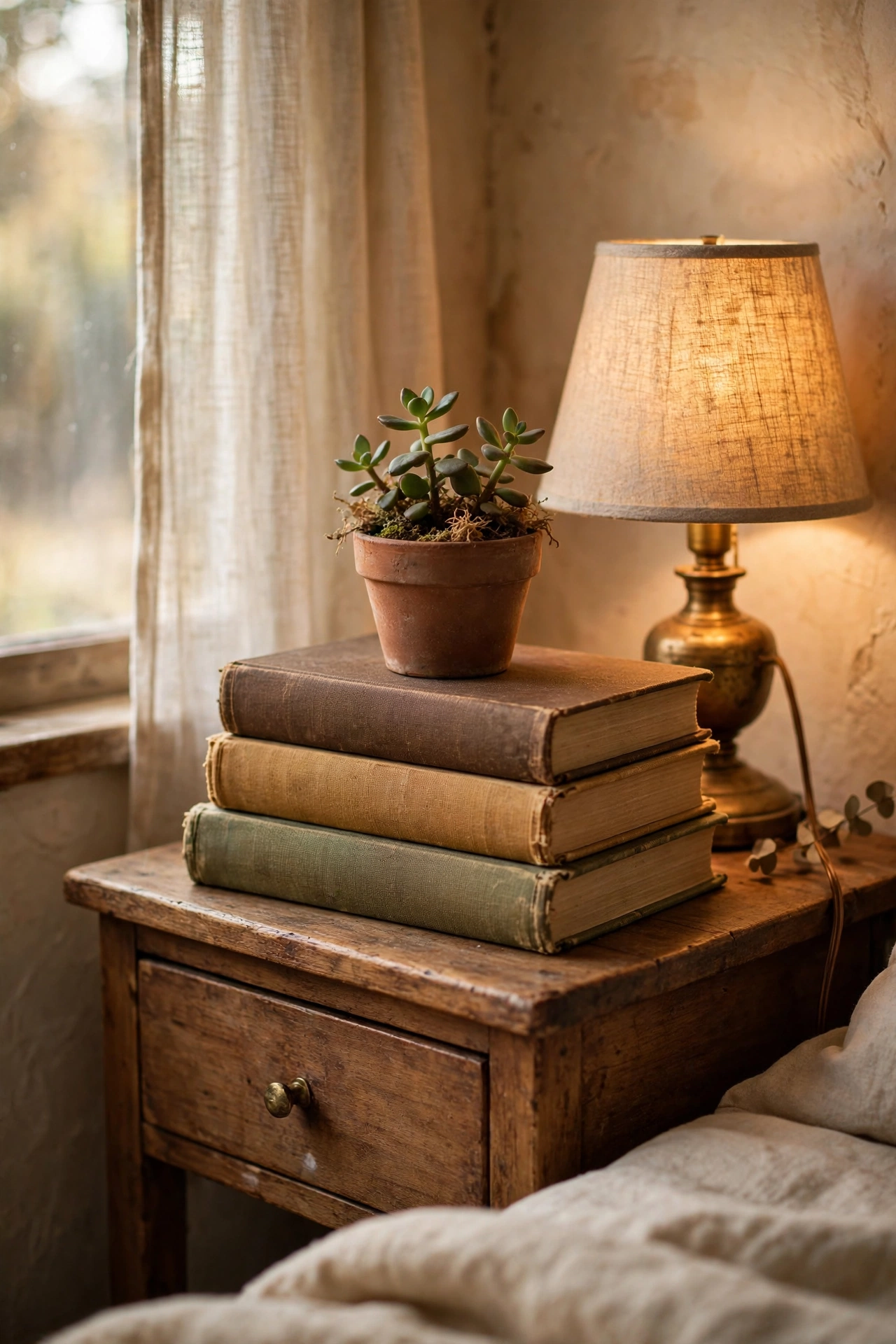 Stack of vintage cloth-bound books styled on a bedroom nightstand with a small plant