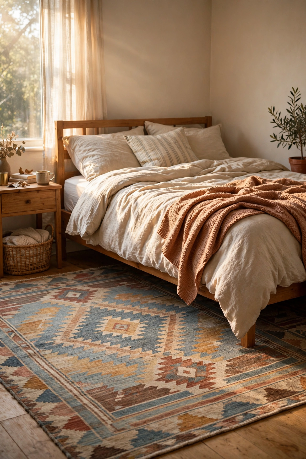 Large thrifted flatweave rug slid under the bottom of a bed in a budget bedroom