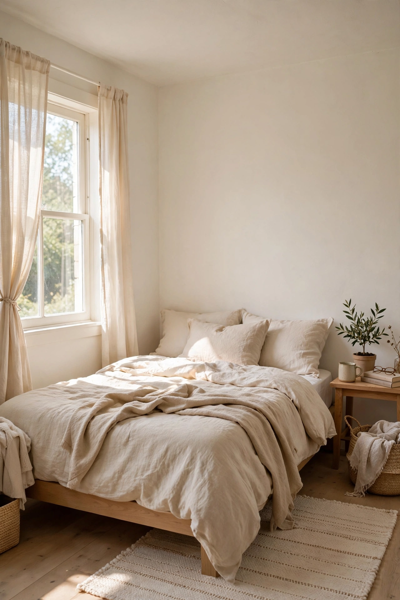 Small bedroom painted one warm white color on walls and ceiling feeling bright and open