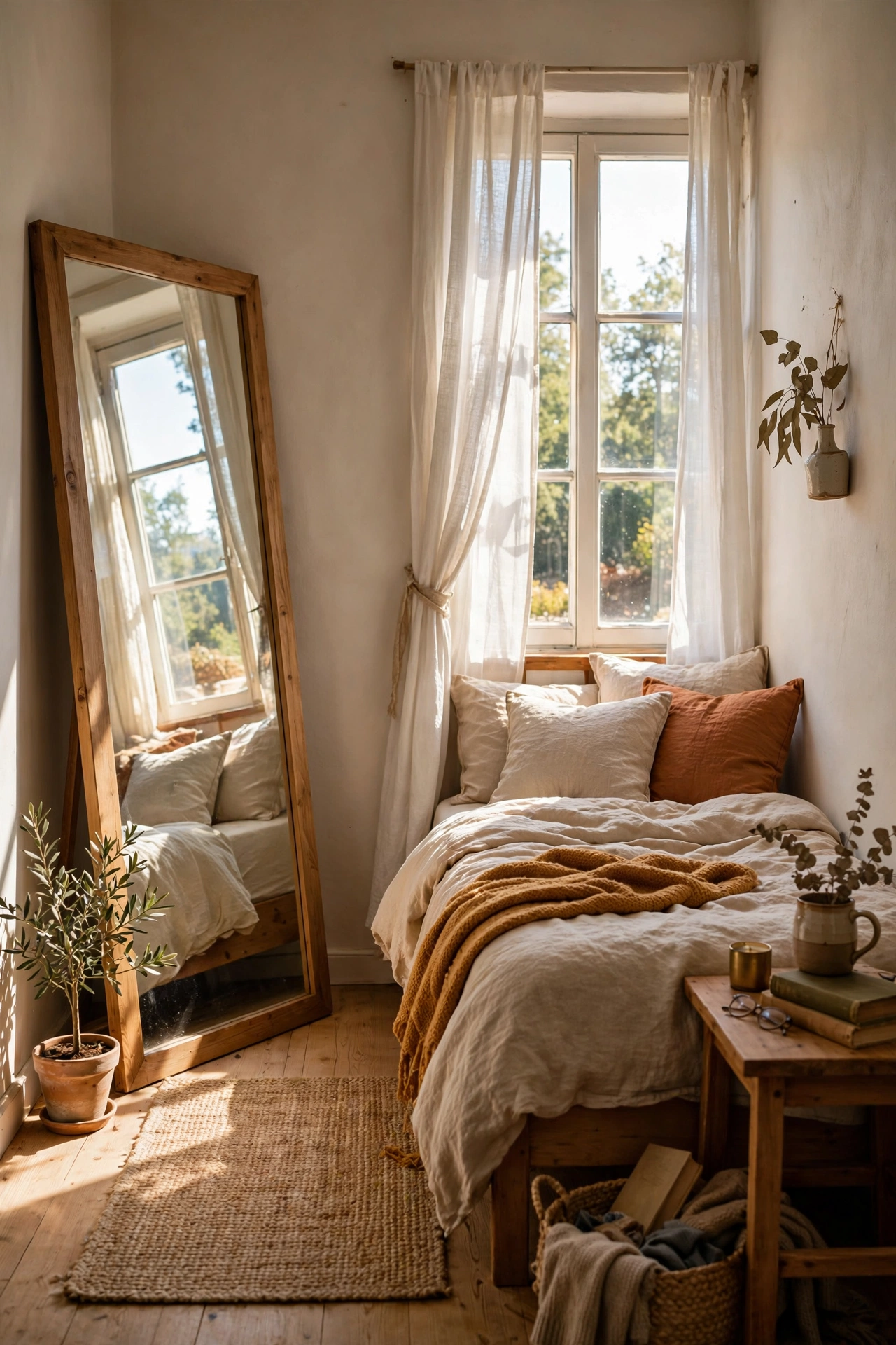 Full-length mirror leaning opposite the window in a small bedroom doubling the light